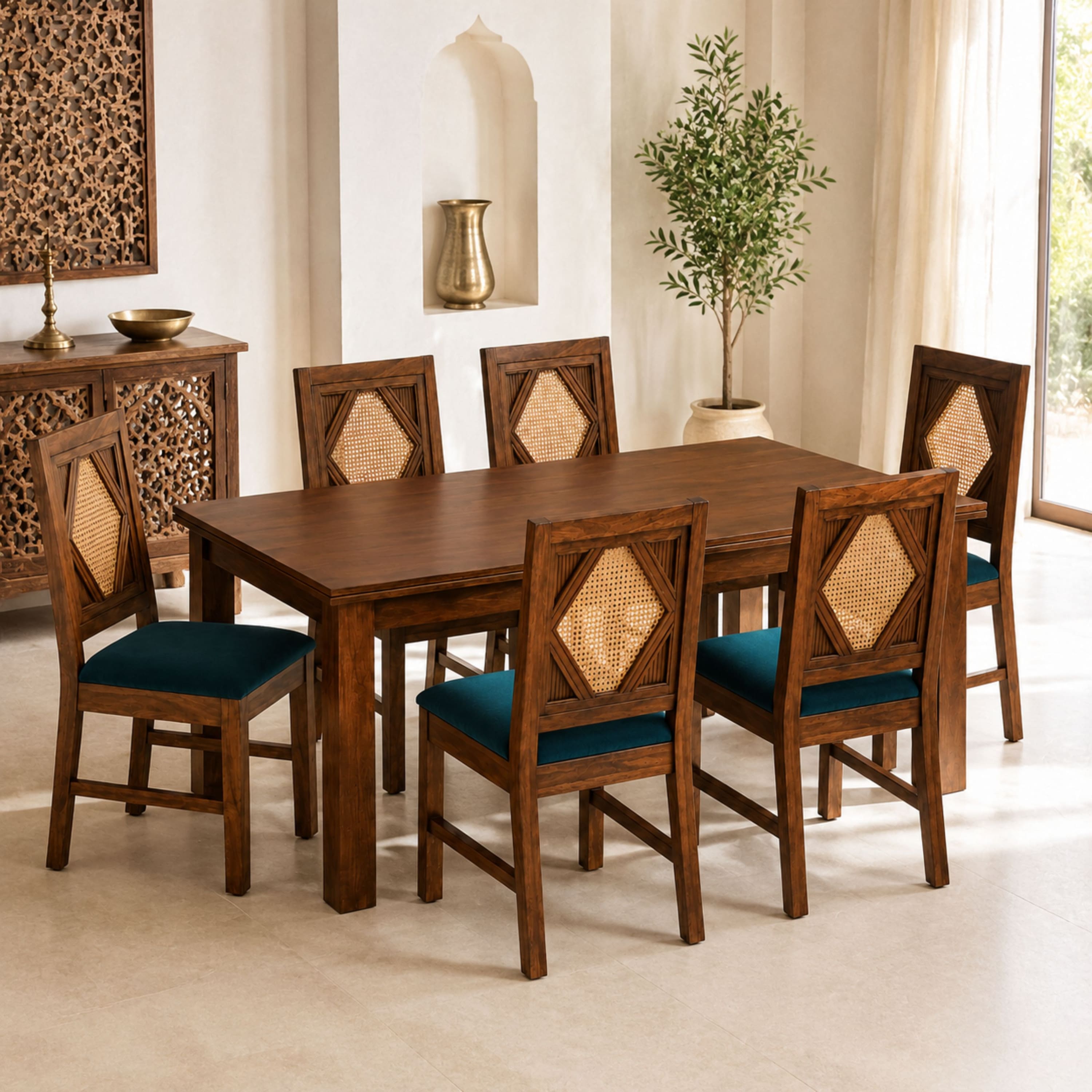 Globally Indian Laurent Solid Sheesham Wood 6 Seater Dining Table Set 6 Chairs Teal Blue