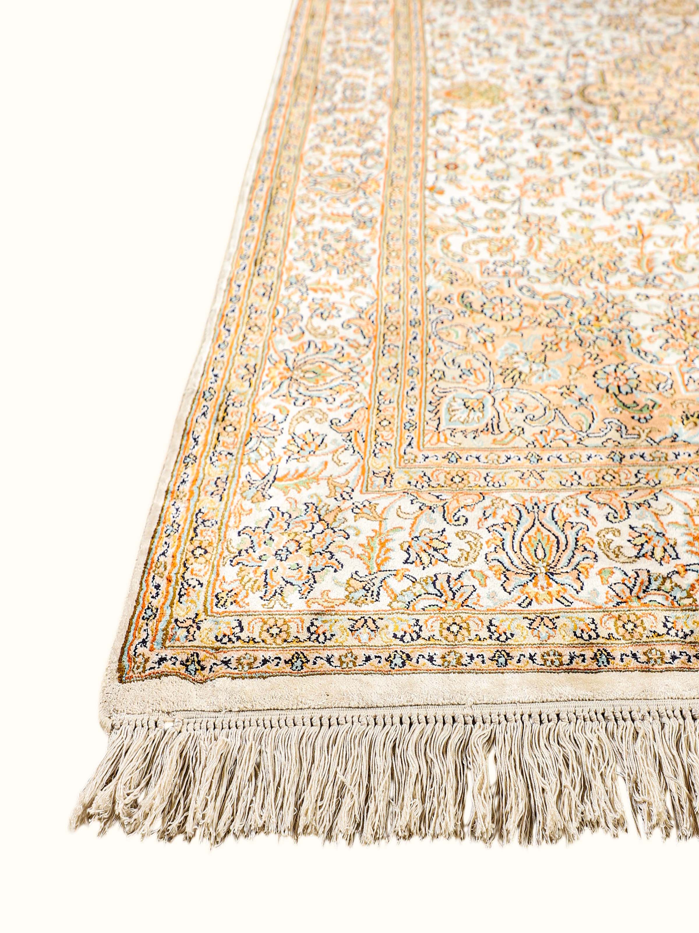 Traditional Persian Ivory Lt. Pink Kashan Kashmir Silk Hand-Knotted Carpet