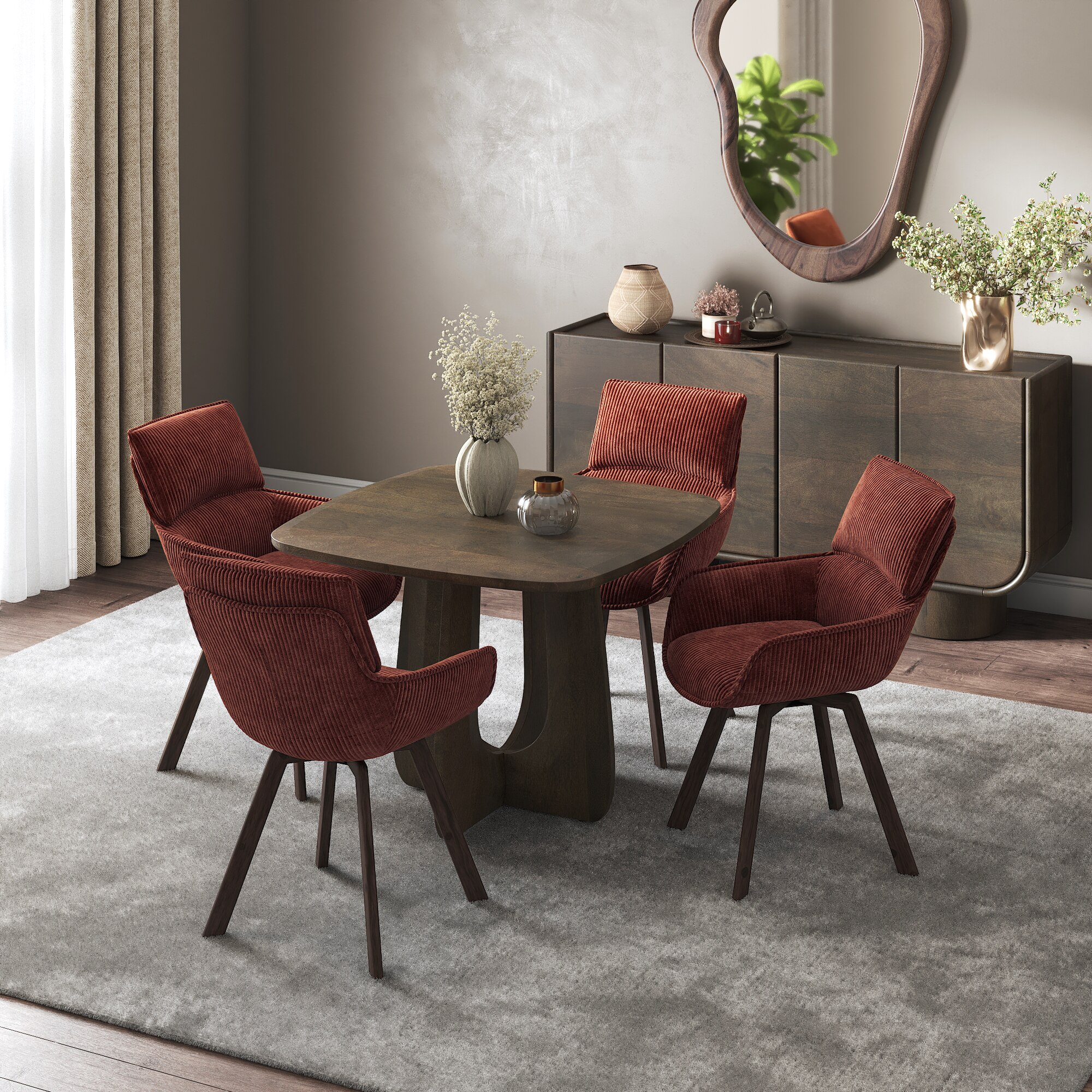 Aero Solid Wood 4 Seater Dining Table With 4 Bren Dining Chair (Finish : Danish Walnut, Chair Colour : Auburn)