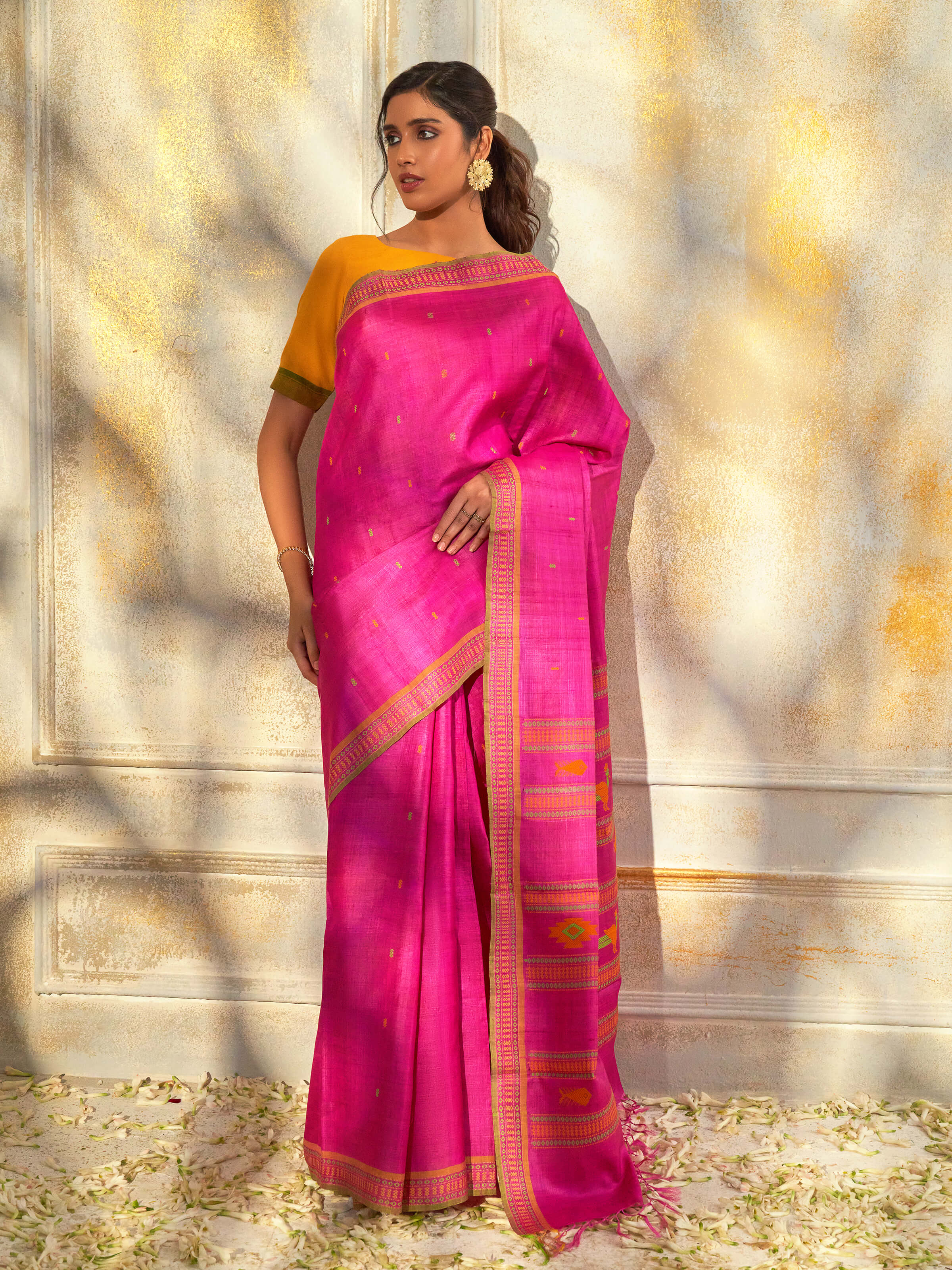 Pink Tussar Silk Saree