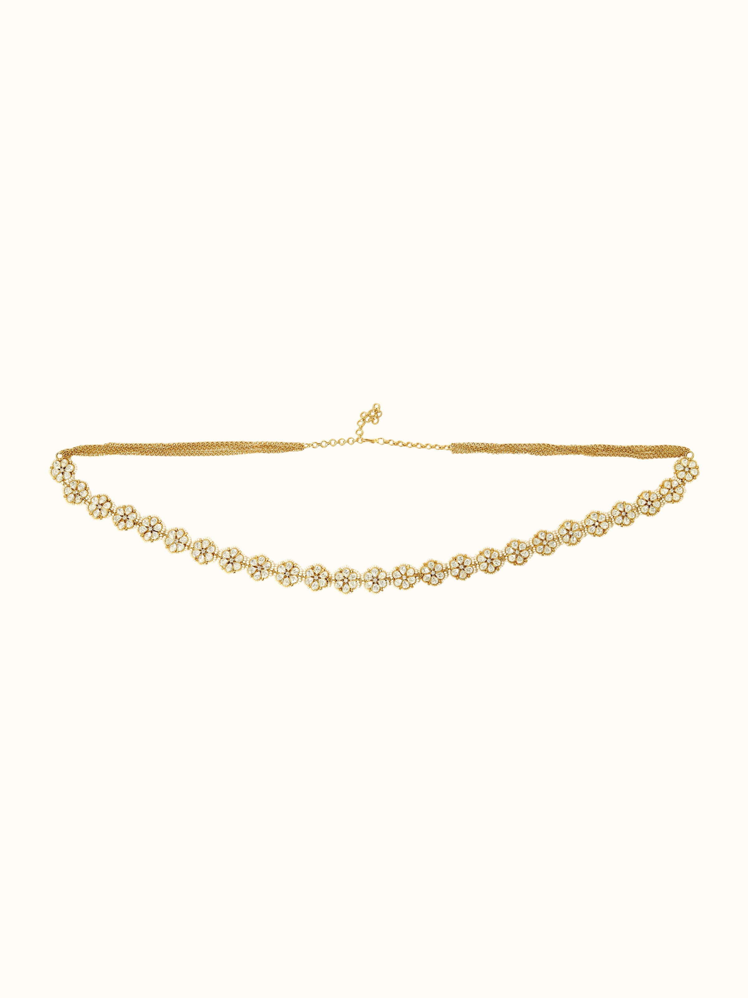 front view of silver smithing pure gold plated waistbelt with intricate design