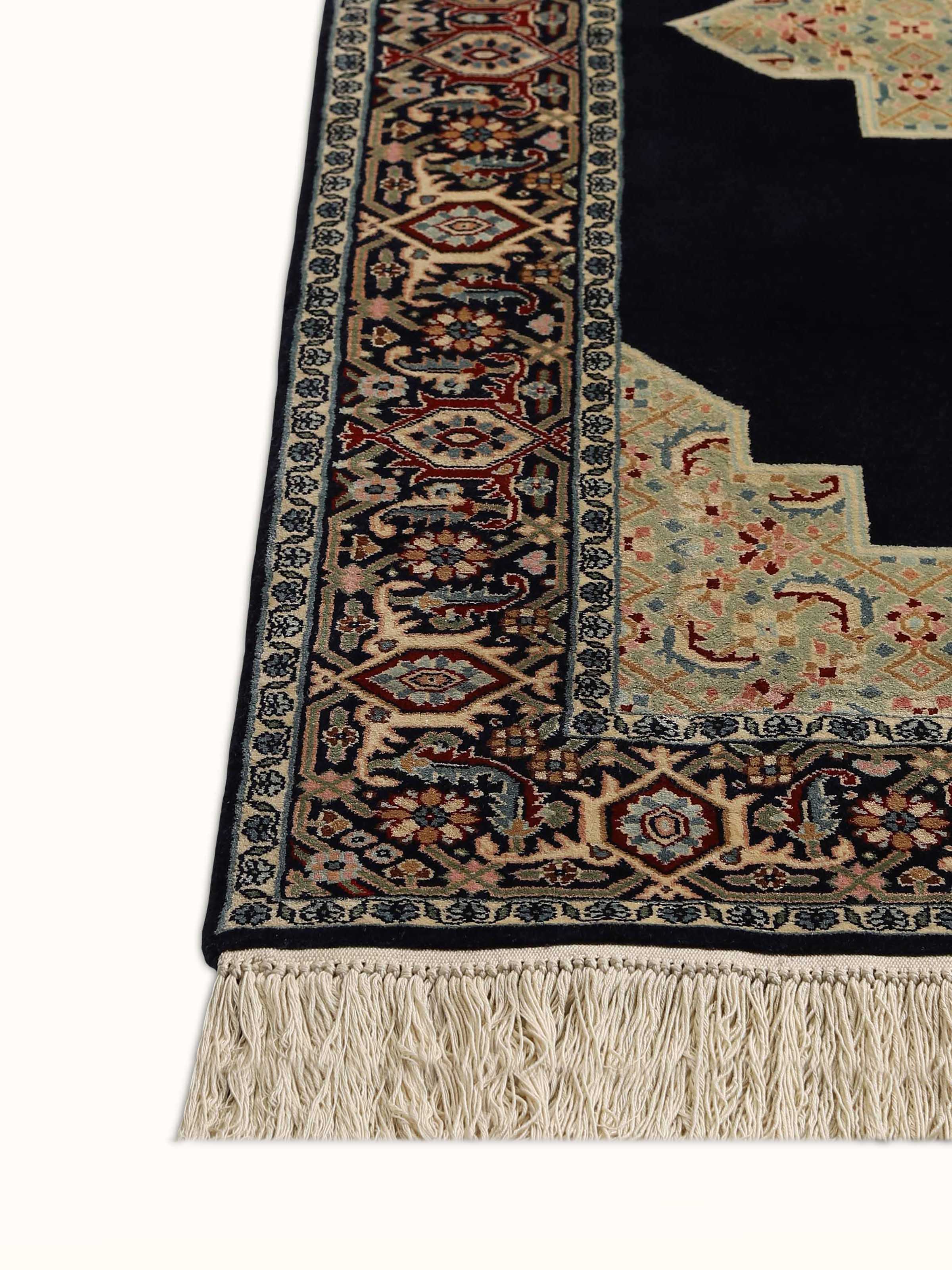 Traditional Persian Open Field Navy Kashmir Silk Hand-knotted Rug