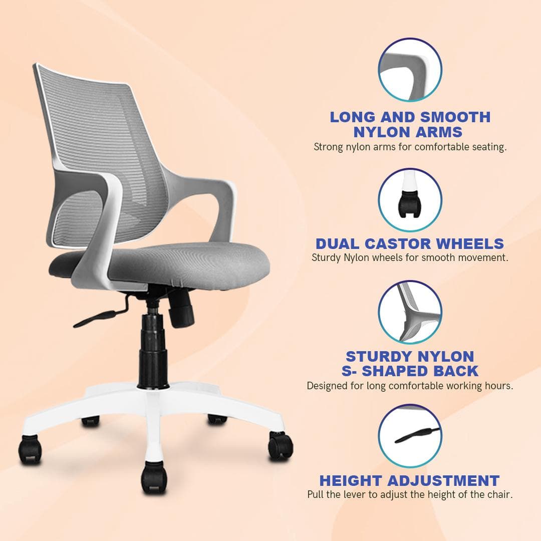 Polaris Mid Back Mesh Office Chair in White Grey Colour