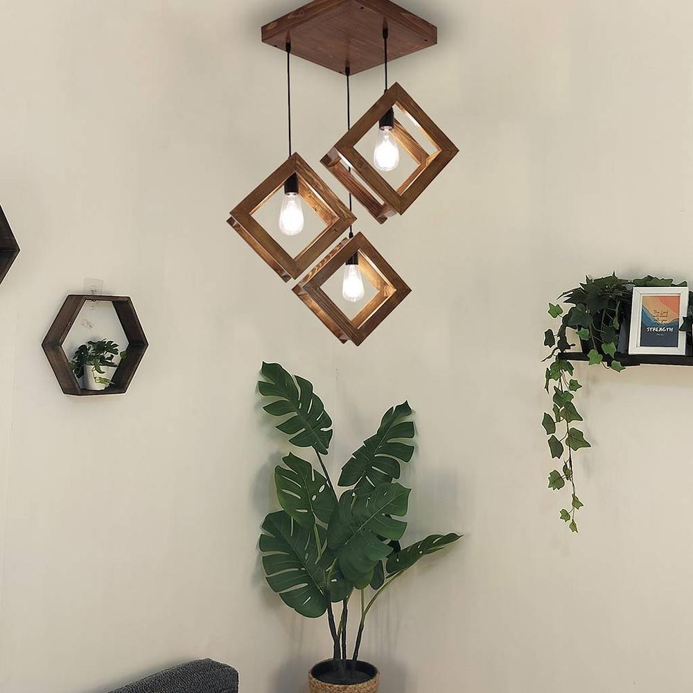 Rhombus Brown Solid Wood Cluster Hanging Light