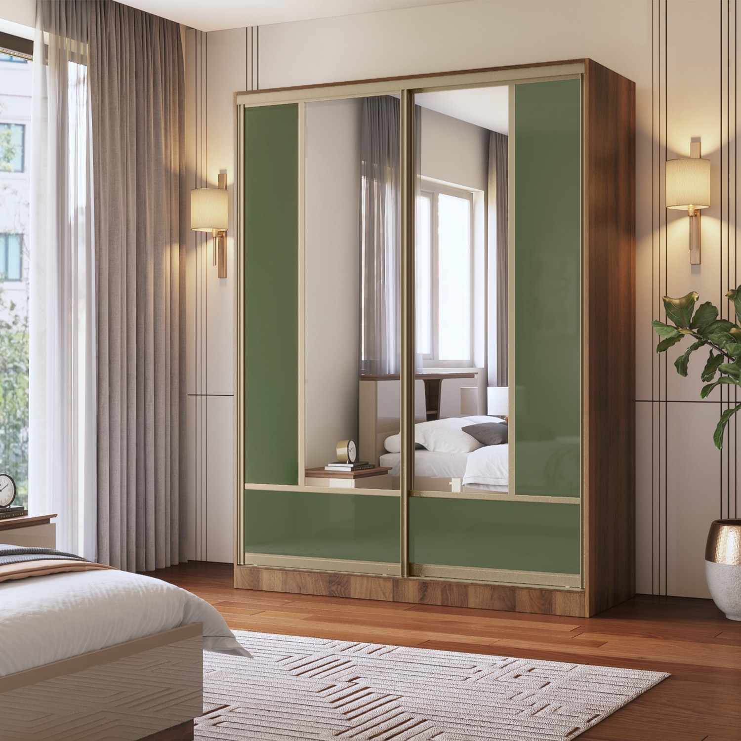 Velora Premium 2 Door 8ft Sliding Wardrobe with mirror Olive Green Classic Walnut Finish - Urban Ladder