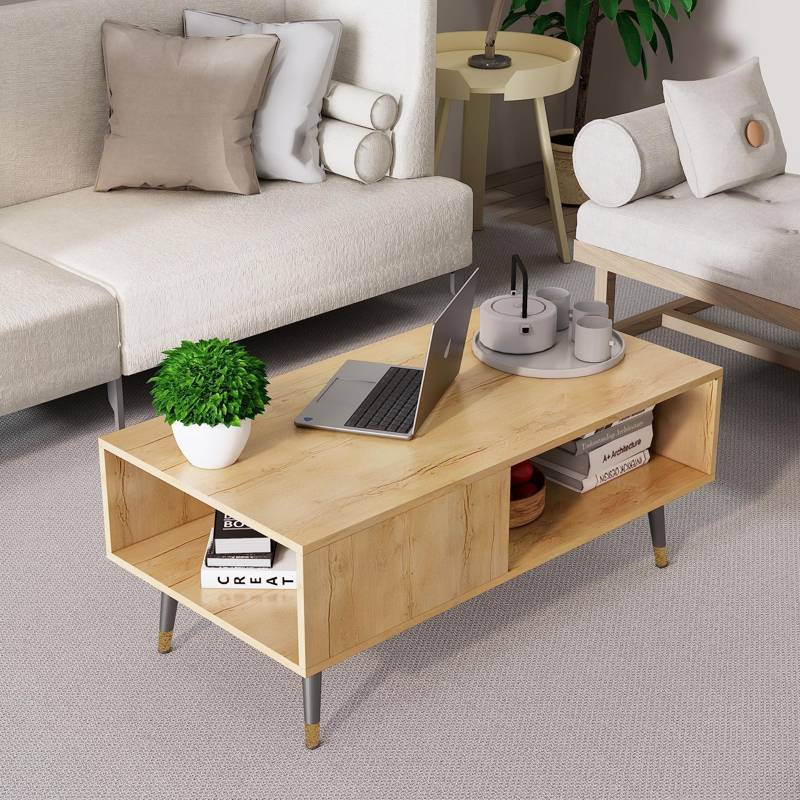 Hexa Engineered Wood Modern Coffee Table With Golden Metal Legs In Giant Wood - HexaRed