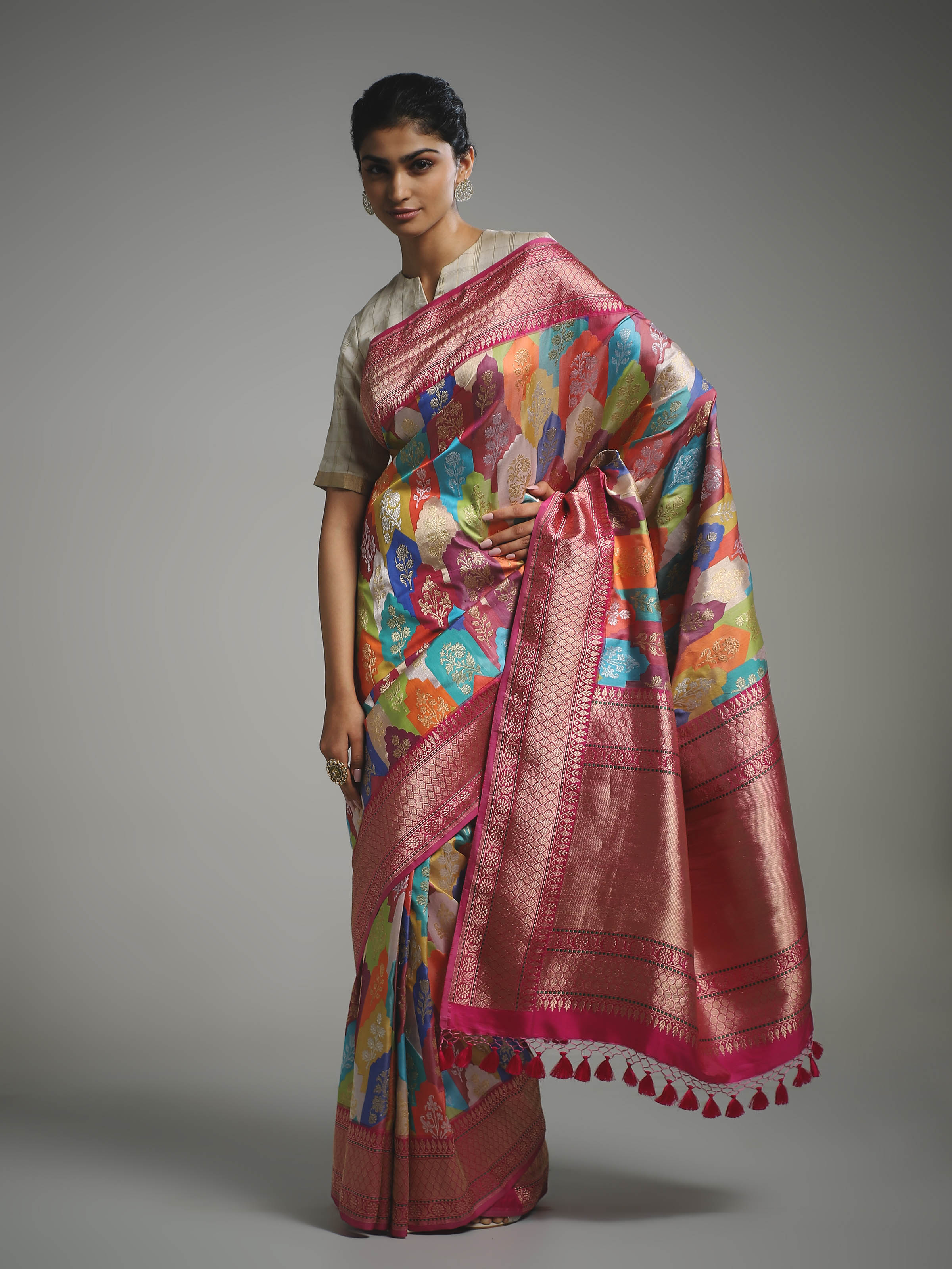Side view of silk Banarasi saree with elegant drape and border