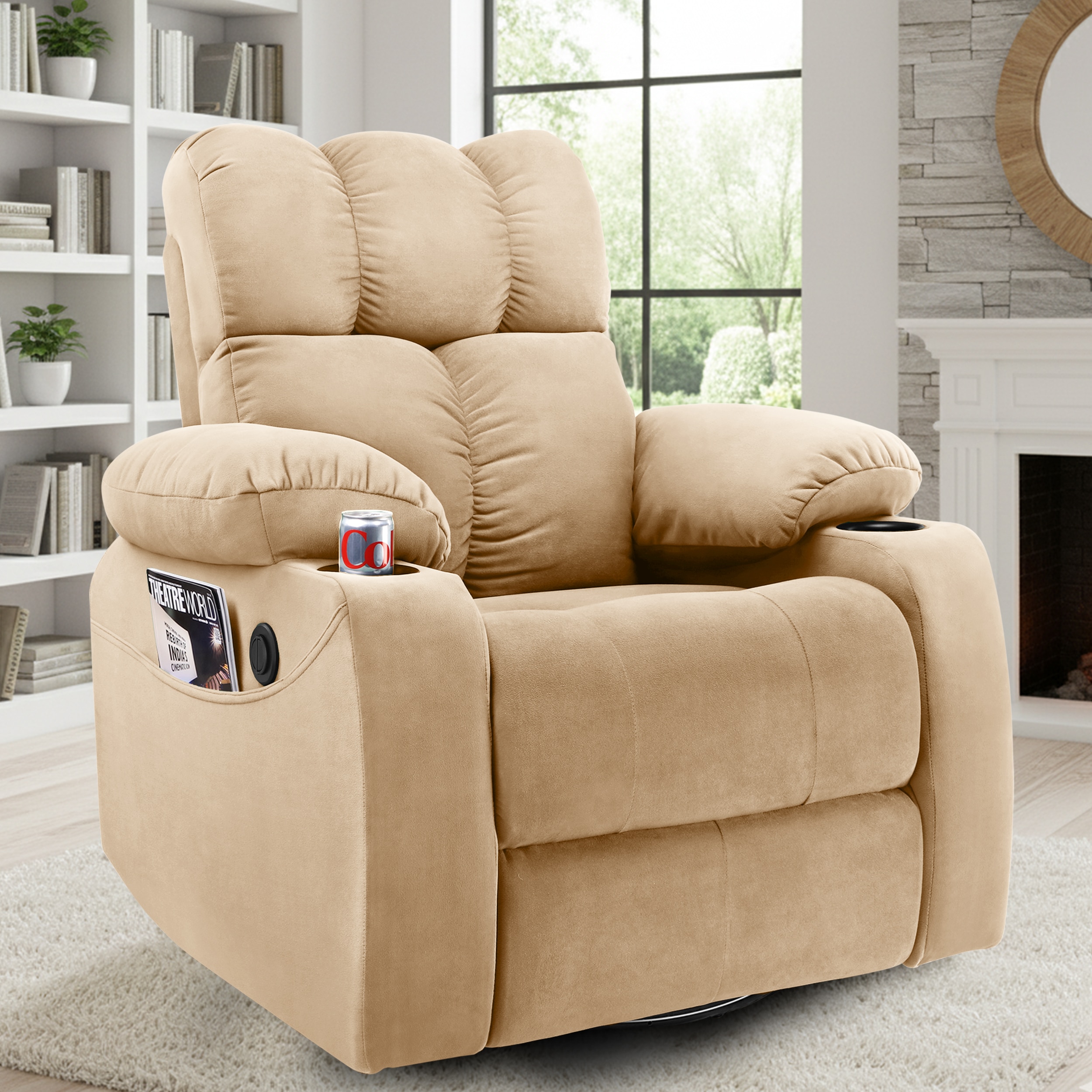 Helios Motorised Recliner Chair for with Rocking Revolving with Cup Holder and Pocket Premium Soft Suede Fabric 1 Seater Chair - Green