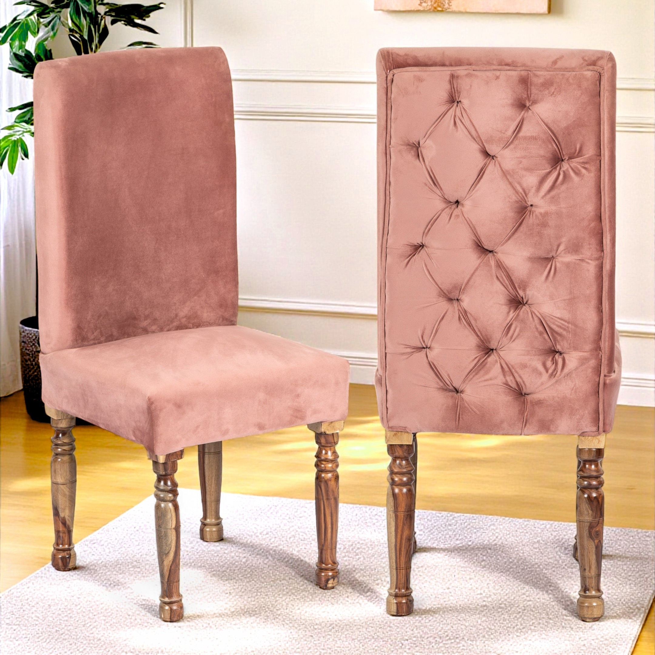 Rosslyn wood Dining Chair in Coral Pink Velvet Upholstery with TEAK FINISH