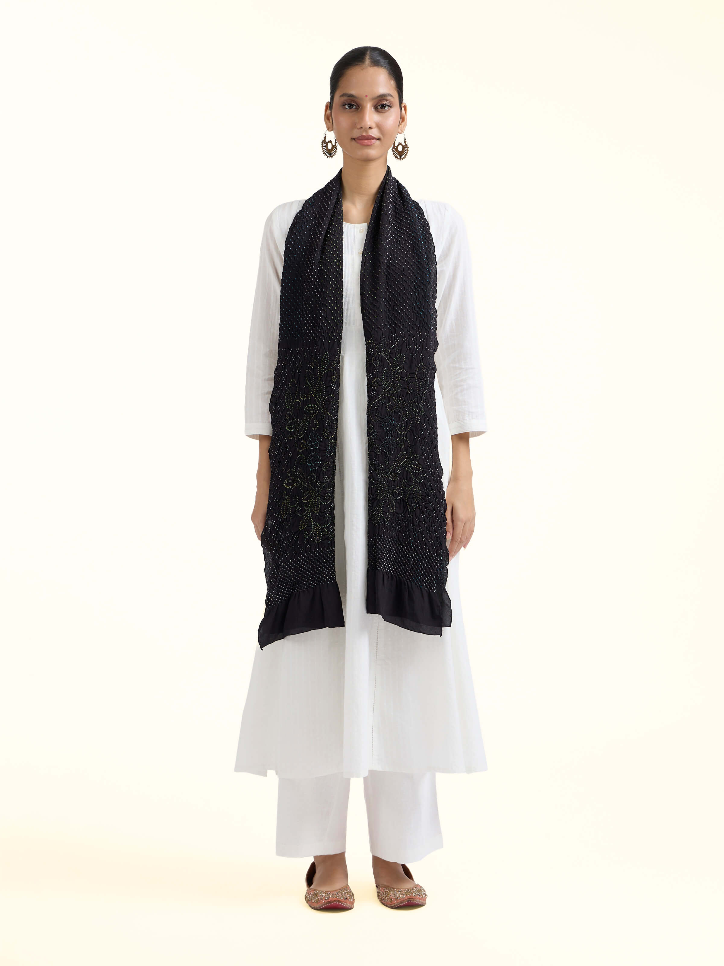 Front view of Black Bandhani Tie & Dye Silk Stole showcasing its traditional craftsmanship and design