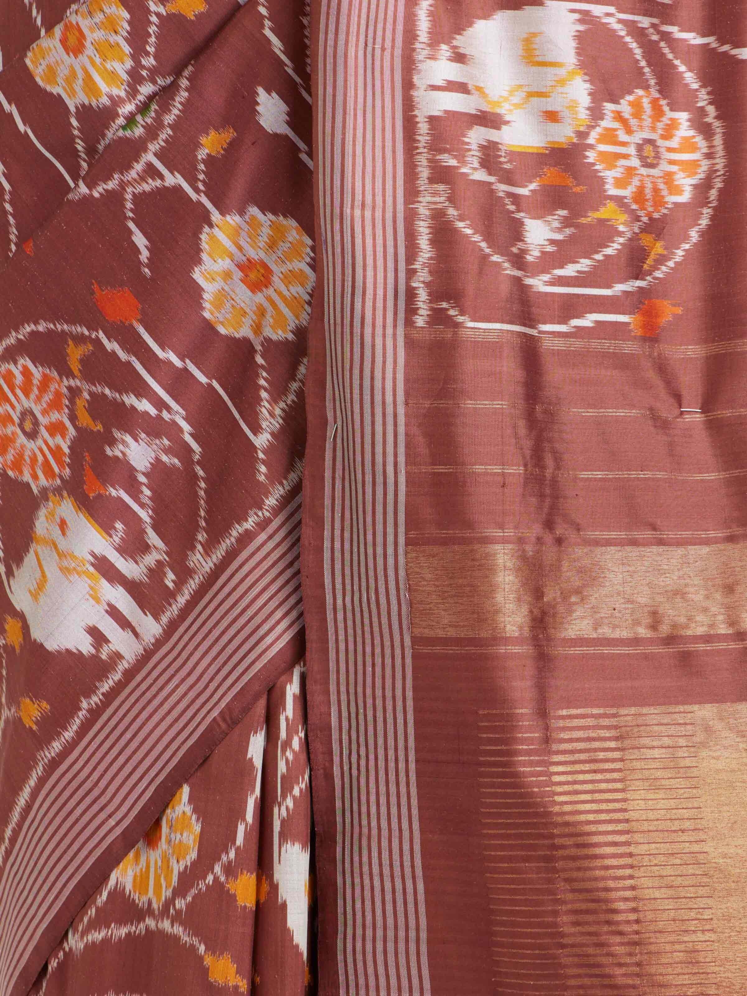 Brown Weft Ikat Silk Saree