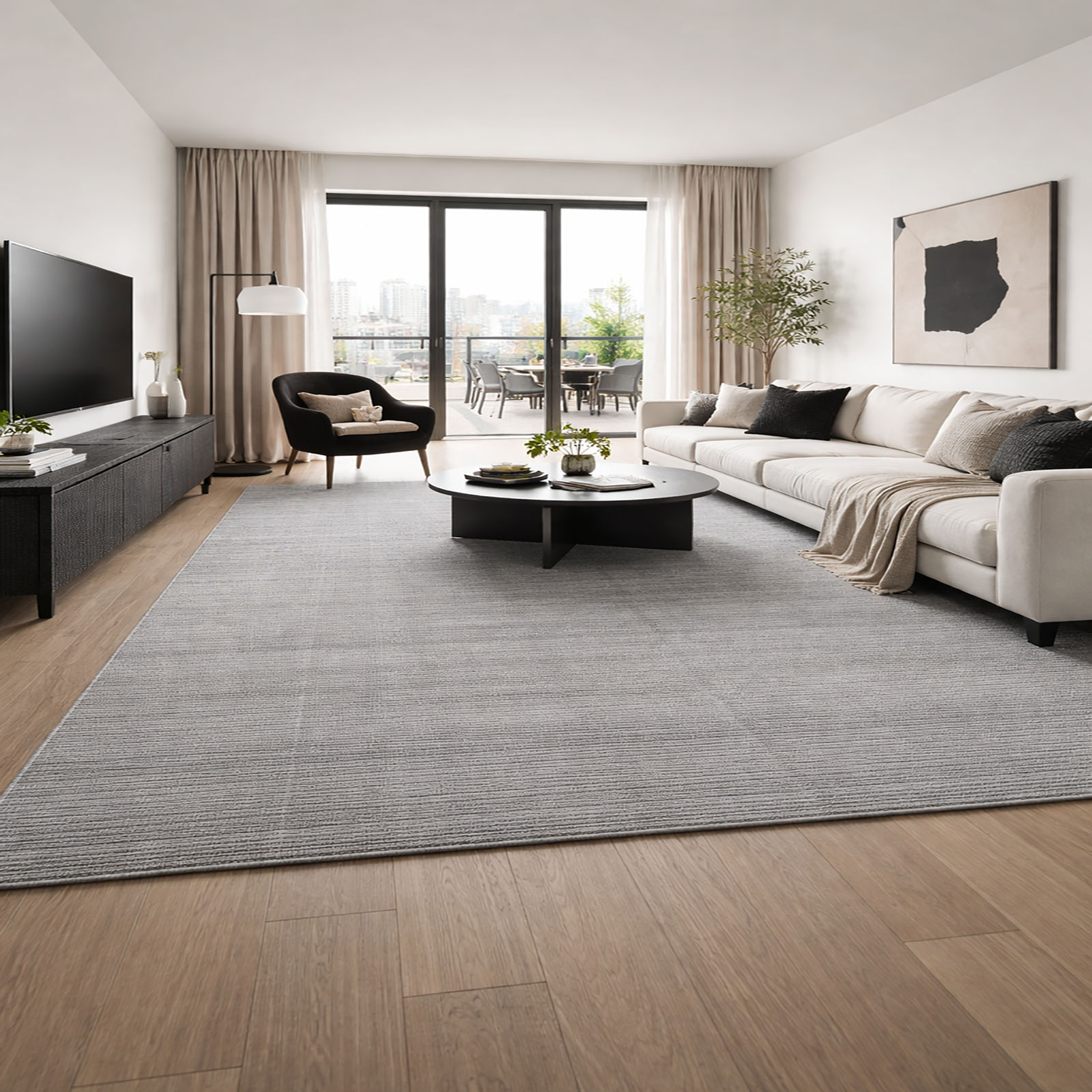 Textured Rug Pet Yarn Rectangle Carpets Hand Loom in Lt.Grey Colour
