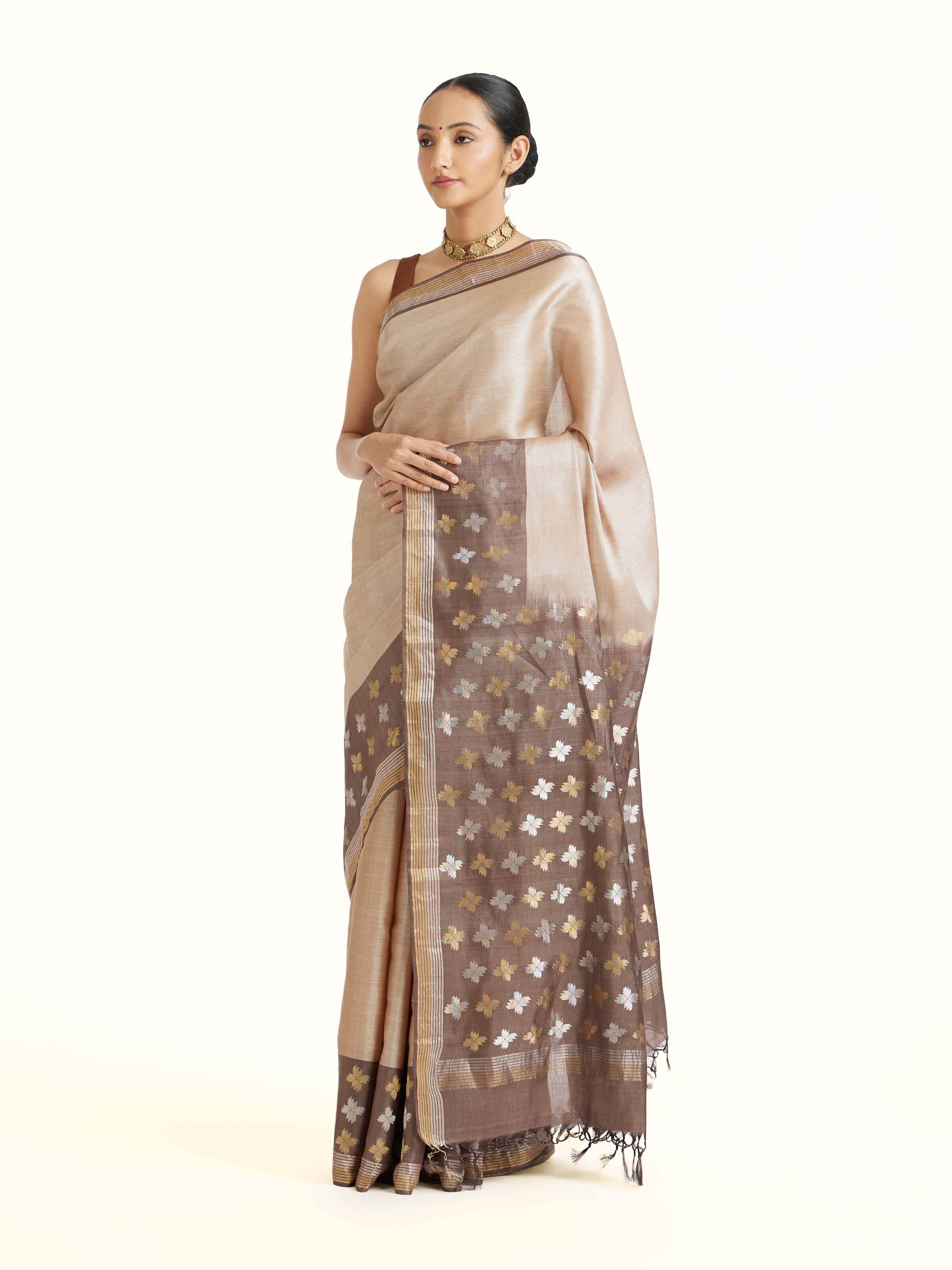 Beige Tussar Silk Saree