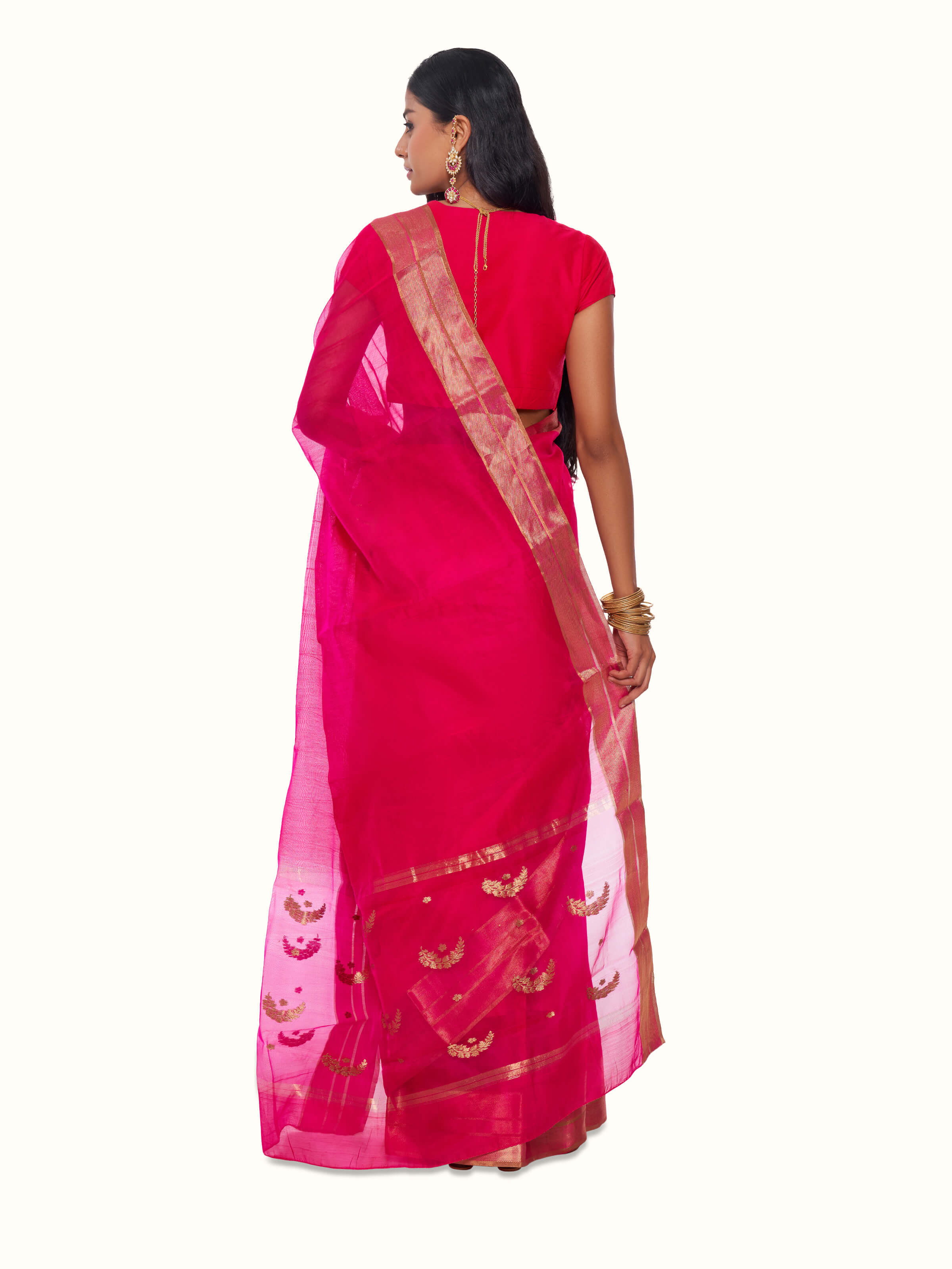 Back view of yellow cotton silk Chanderi saree displaying pallu design