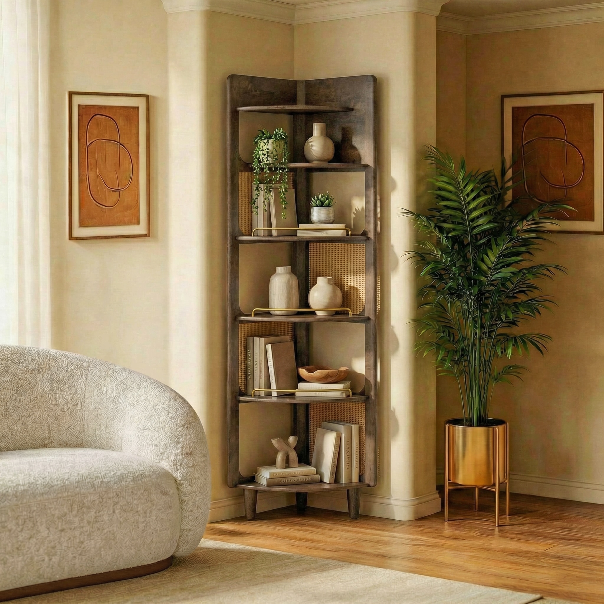 Brisa Solid Wood and Cane Corner Bookshelf In Danish Walnut Finish