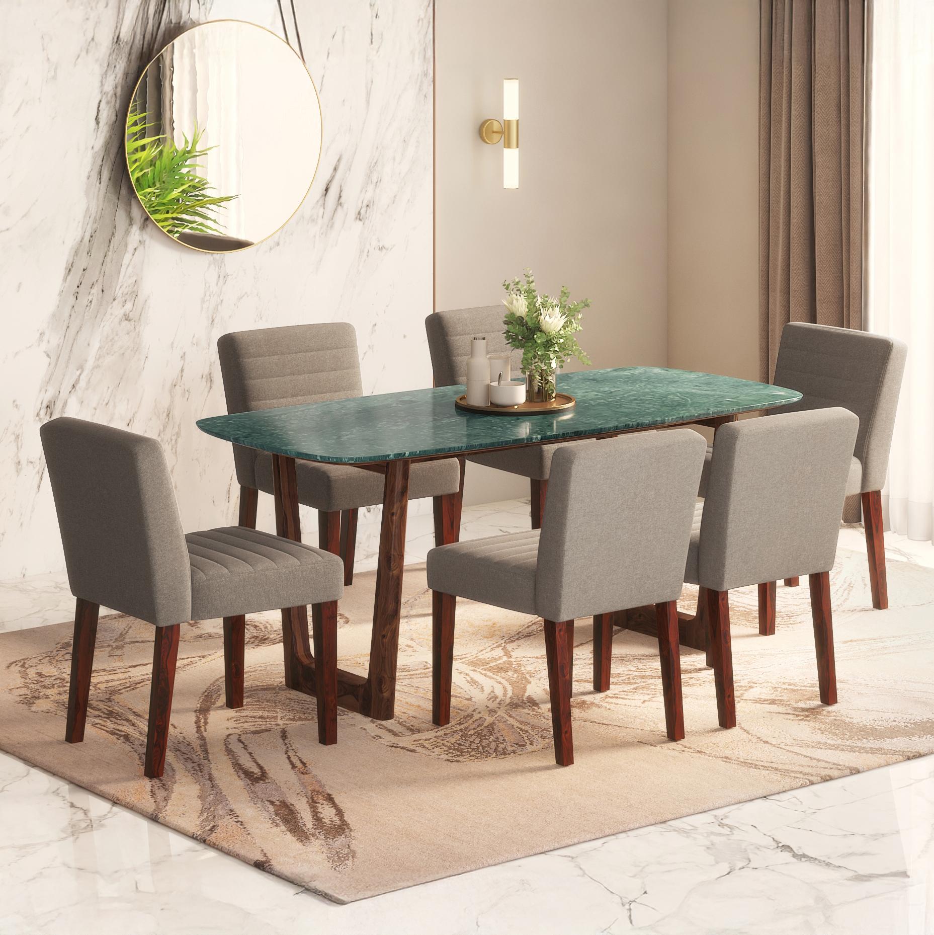 Adria Jade Green Marble 6 Seater Dining Table In Dark Sheesham Finish