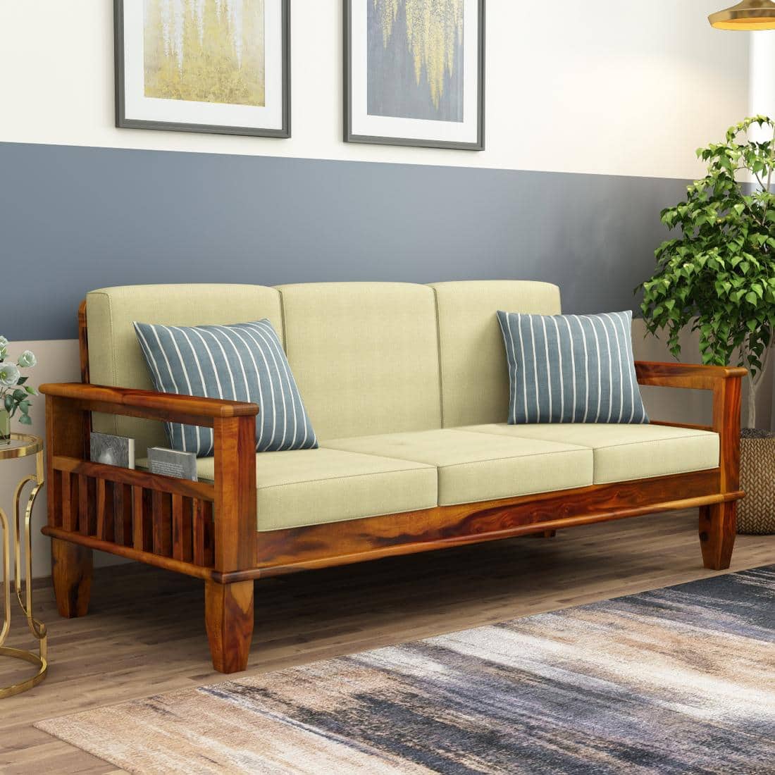 Madhavi 3+2+1 Seater Wooden Sofa (Creame Colour, Honey Finish)