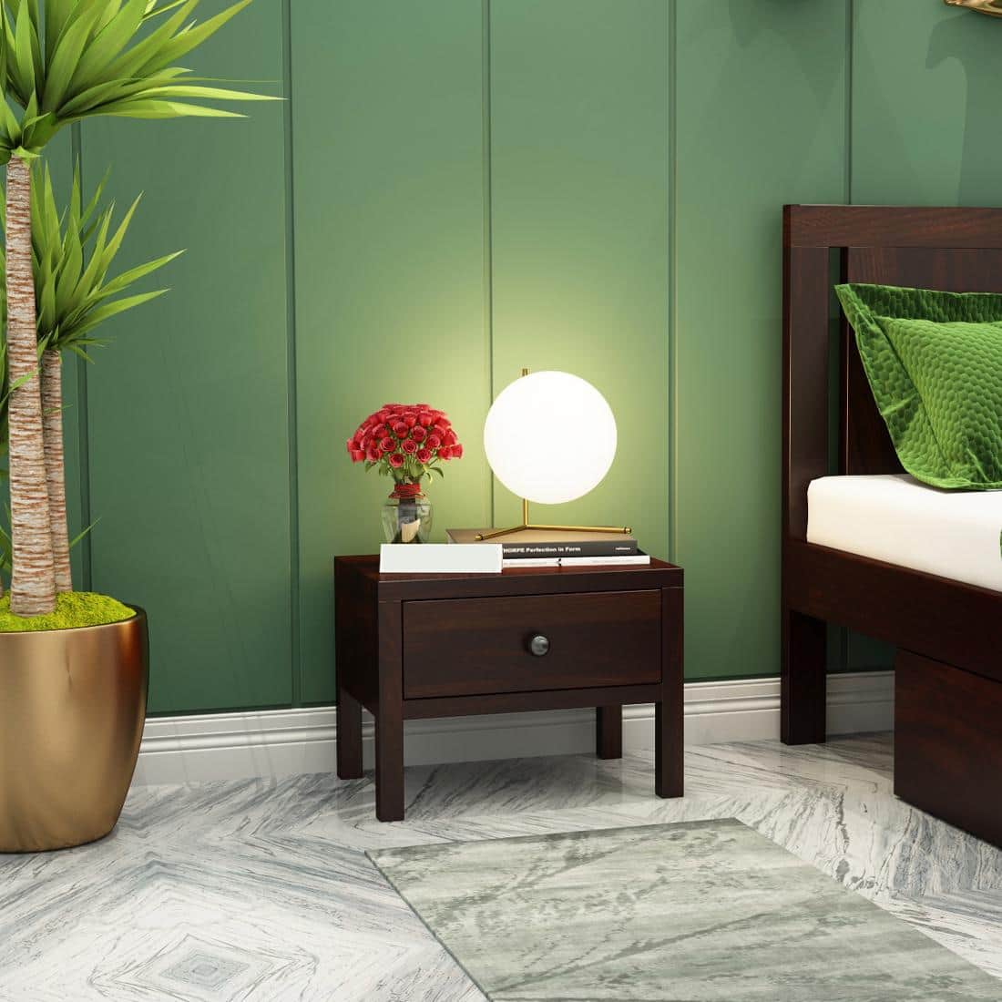 Rama Solid Wood Bedside Table in Walnut Finish