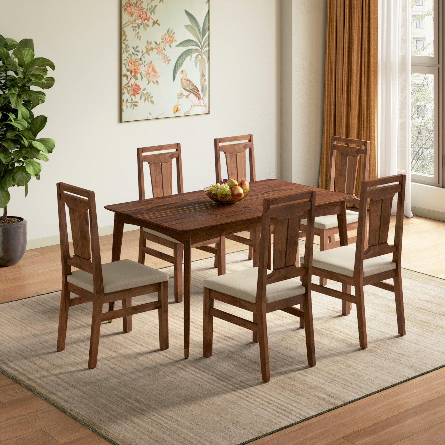 Saar Teak Wood 6 Seater Dining Table with 6 Tessa Dining Chair (Finish: Sienna Teak, Colour: Wheat Brown) - Urban Ladder