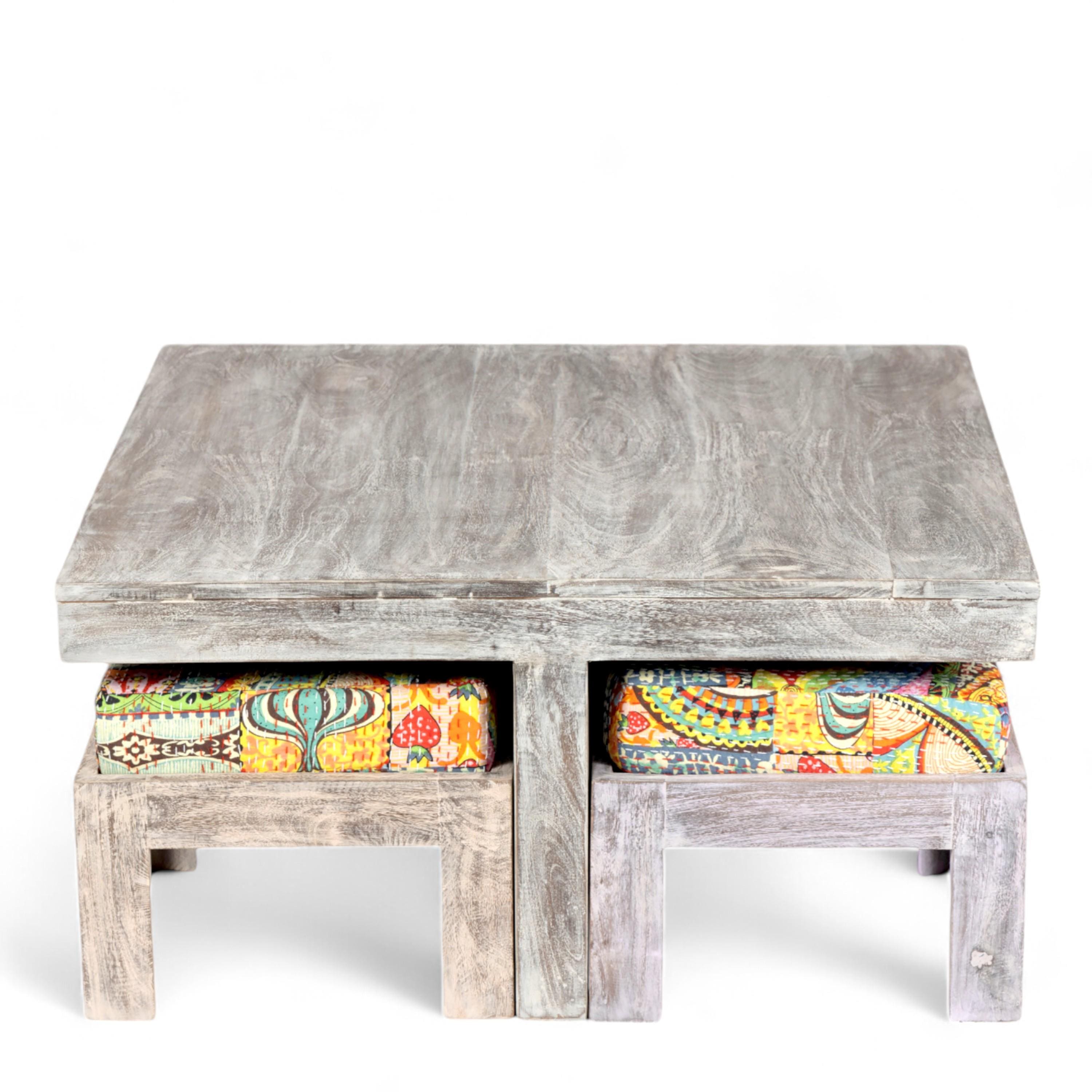 Blane Sheesham Wood Country Side Coffee Table Set With 4 Stools In Antique Multi-Colour Finish