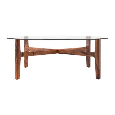 Cayman Round Sheesham Wood And Tempered Glass Coffee Table In Teak Finish