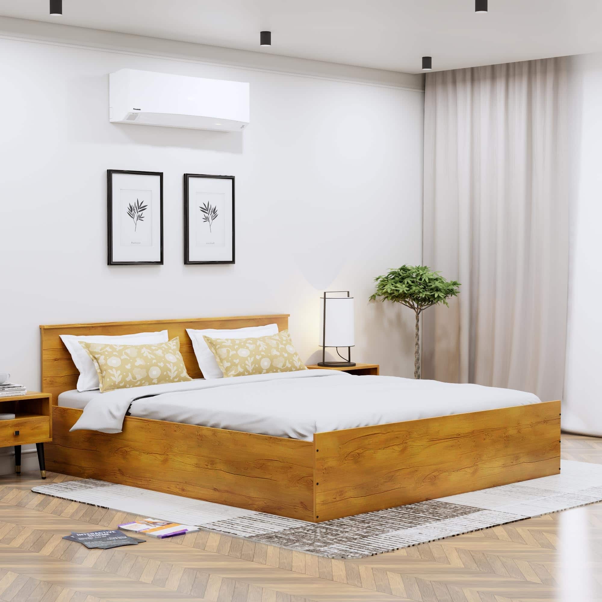Hexa Engineered Wood Modern Queen Bed With Headboard With Storage In Giant Wood - HexaRed
