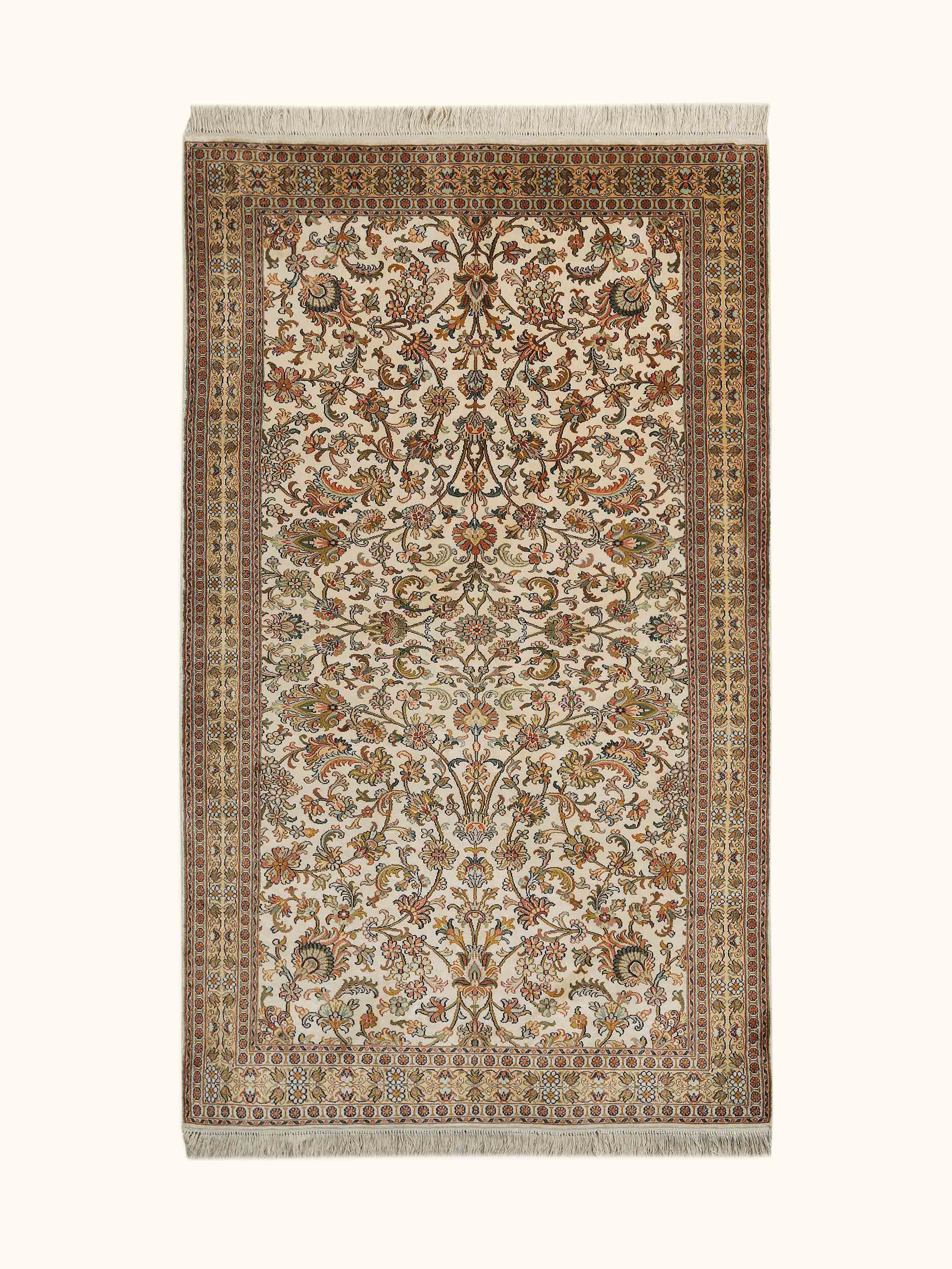 Traditional Persian Ivory Tabriz Kashmir Silk Hand-Knotted Carpet