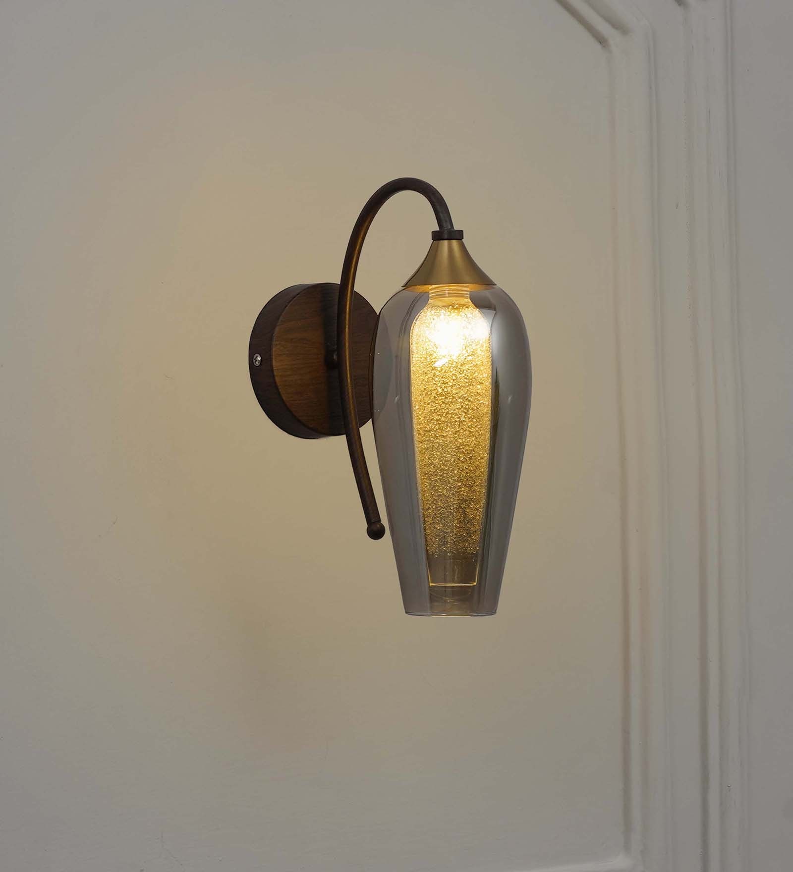 Kania Single Light Wall Fitting In Brass, Wood Finish Metal With Smoke Glass