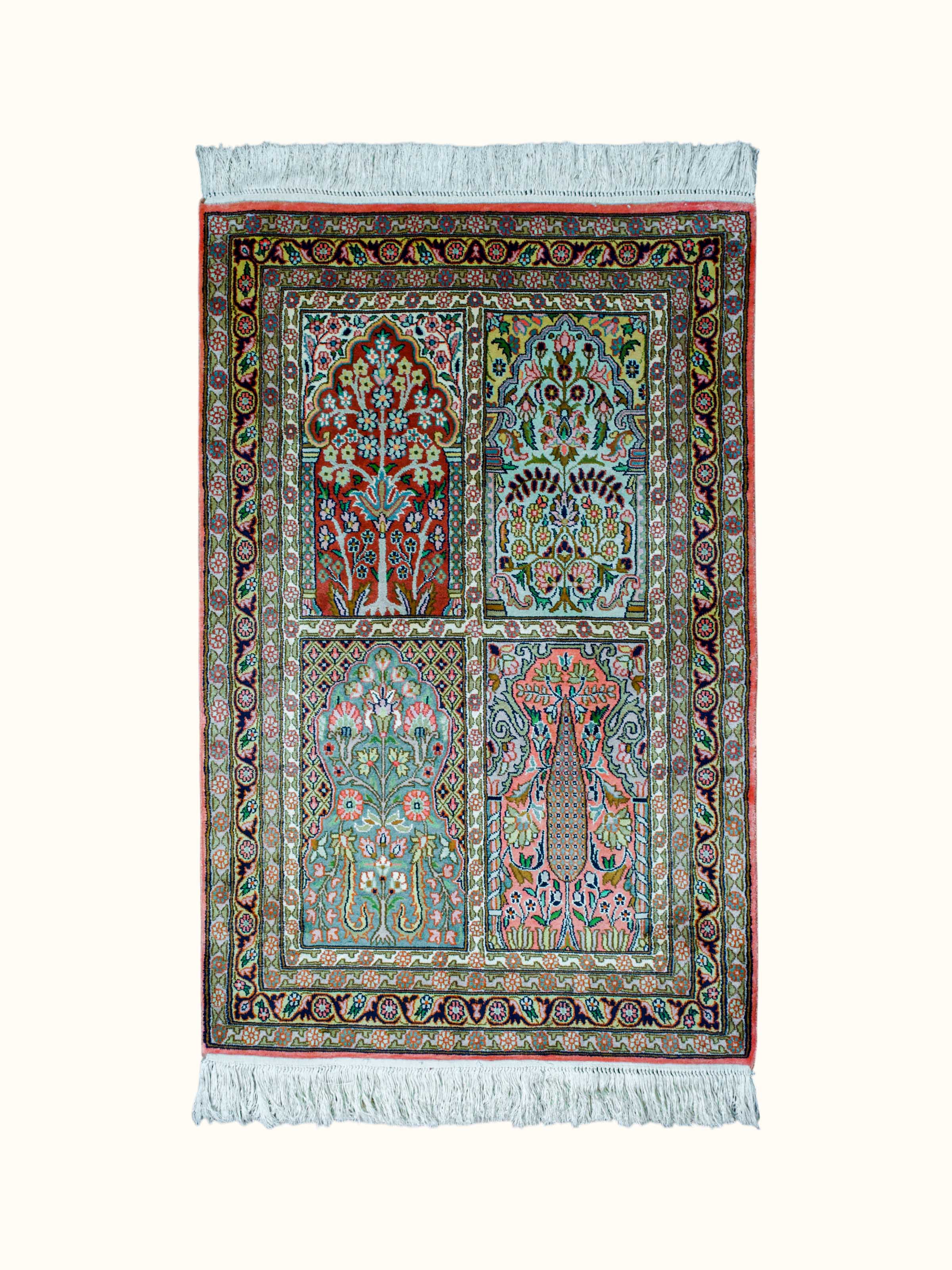Traditional Persian Rust Grey Hamadan Kashmir Silk Hand-Knotted Carpet
