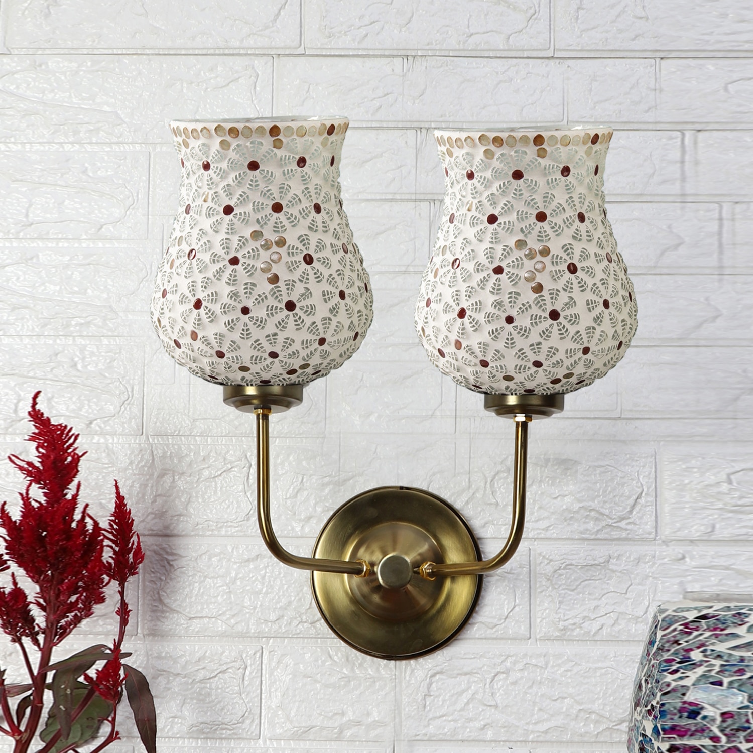 Devansh Metal Electric Wall Light in Gold Colour with Multicolor Shade Count of 2 Lights - Devansh