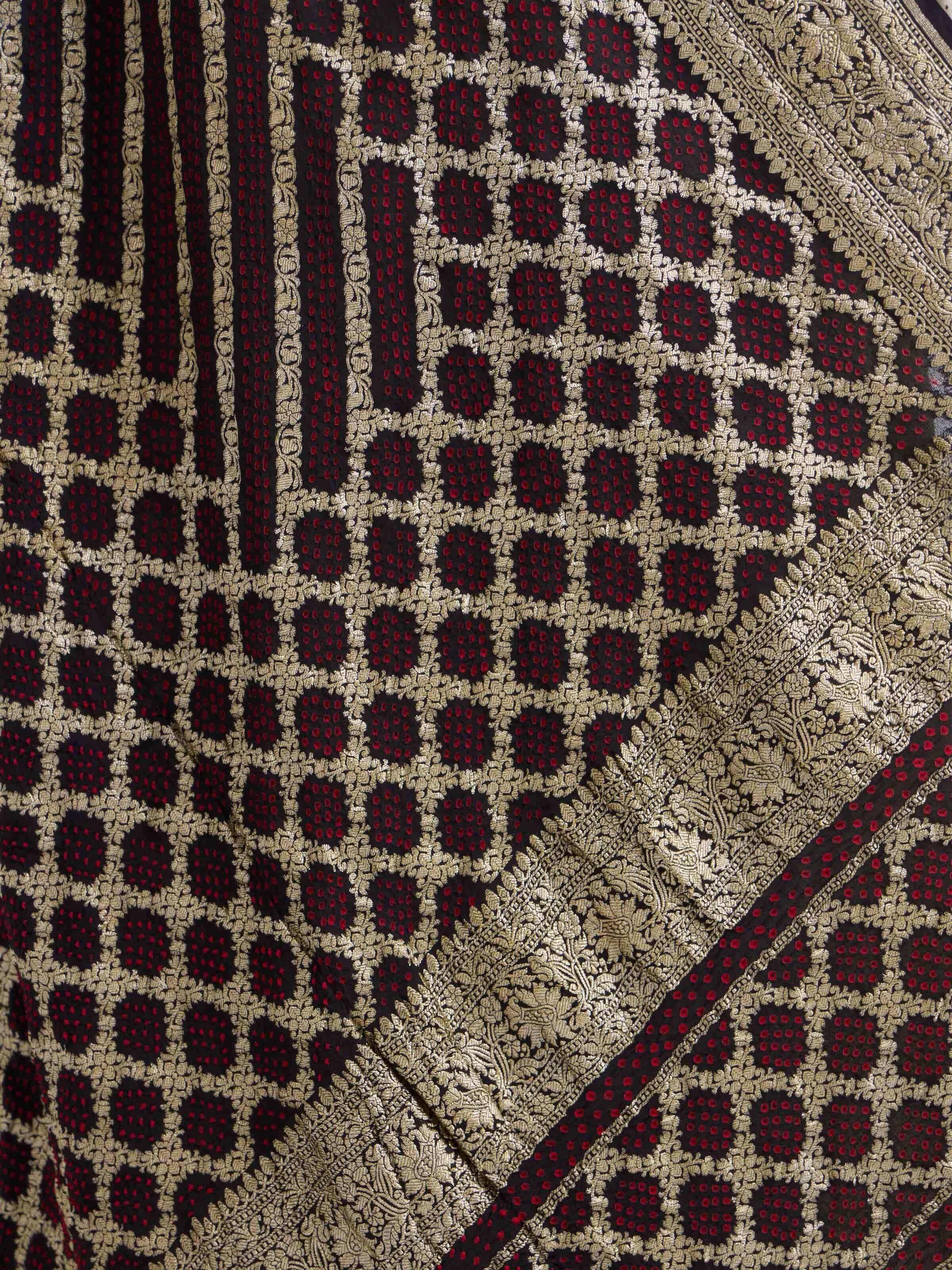 Detailed view of Black Bandhani Tie & Dye Silk Dupatta focusing on the fine craftsmanship and texture