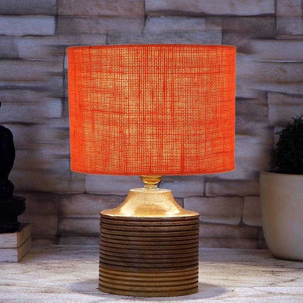 Circe Orange Jute Table Lamp with Natural Wood Base