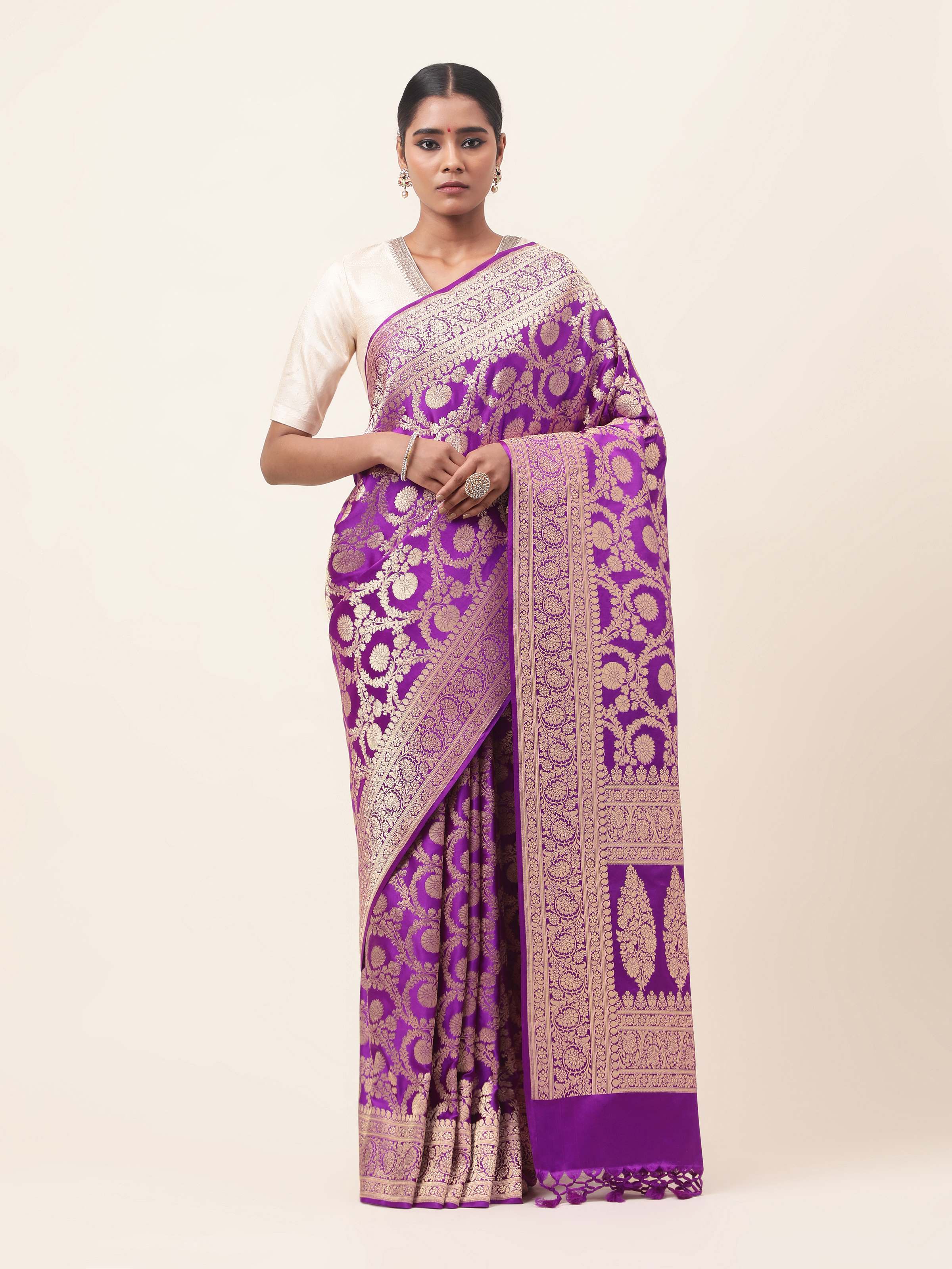 Purple Mulberry Satin Silk Banarasi Saree