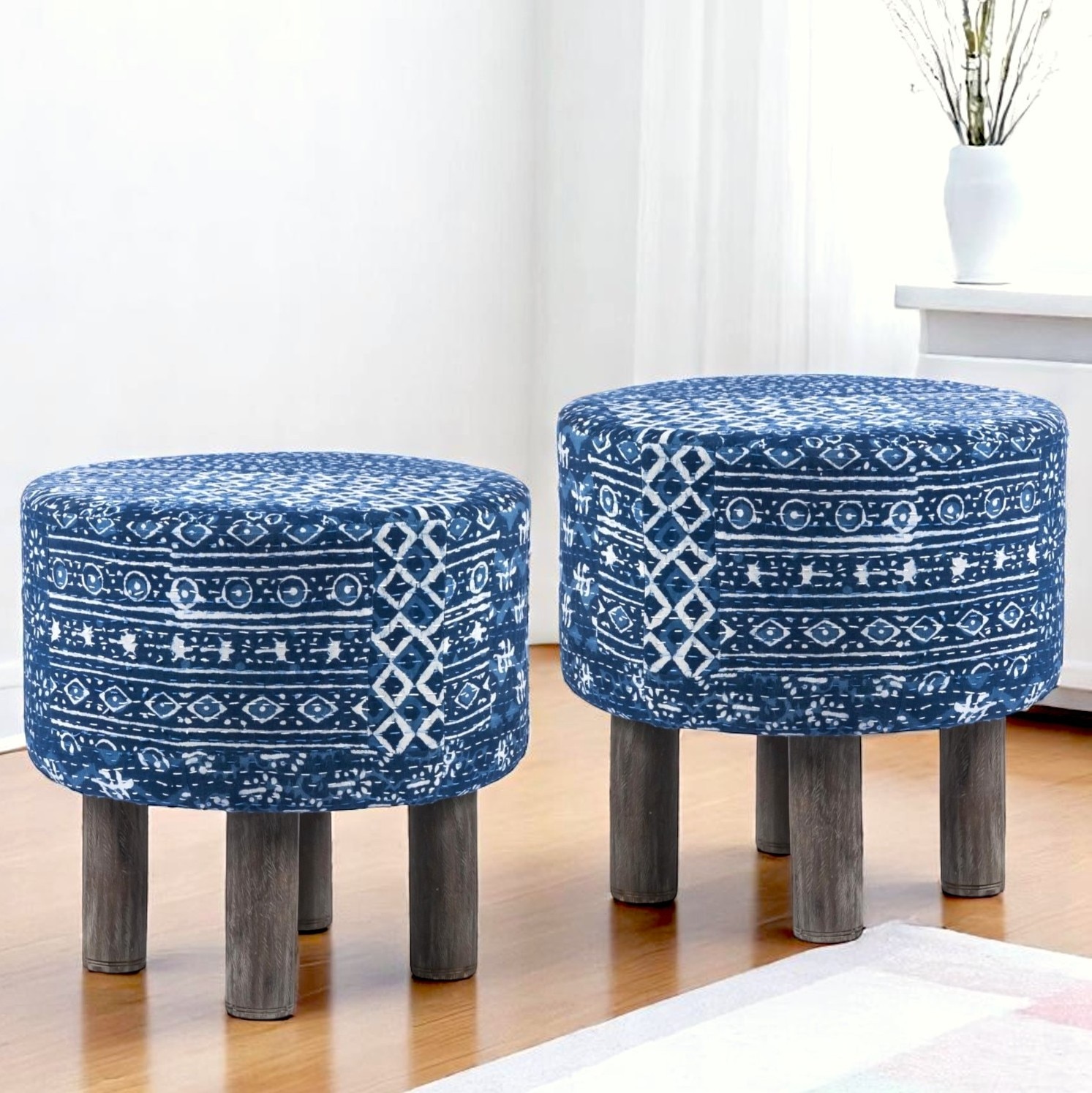 Morgan Acacia Wood Set of 2 Ottoman Pouffees in Indigo Patchwork Kantha, Antique Grey Finish