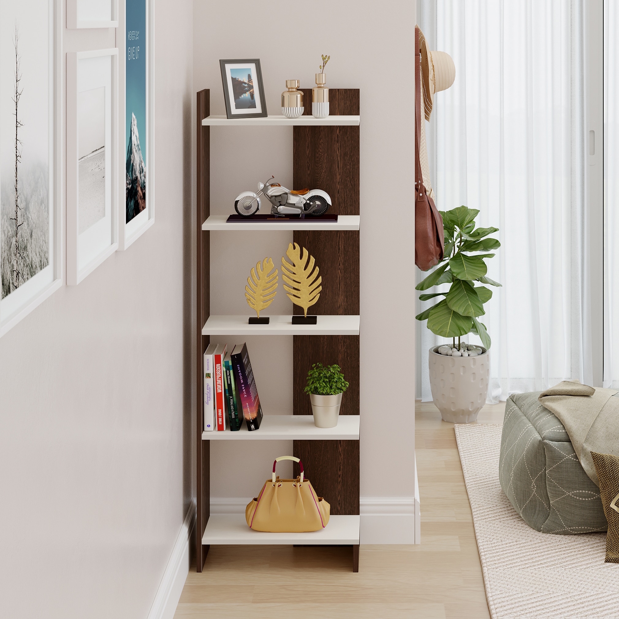 BLUEWUD Lagoon Engineering Wood Multipurpose Floor Corner Stand Bookshelf with Home Decor Display Shelves Wall Book Storage Rack Organizer Cabinet Living Room Bedroom Office Home (Wenge & White)