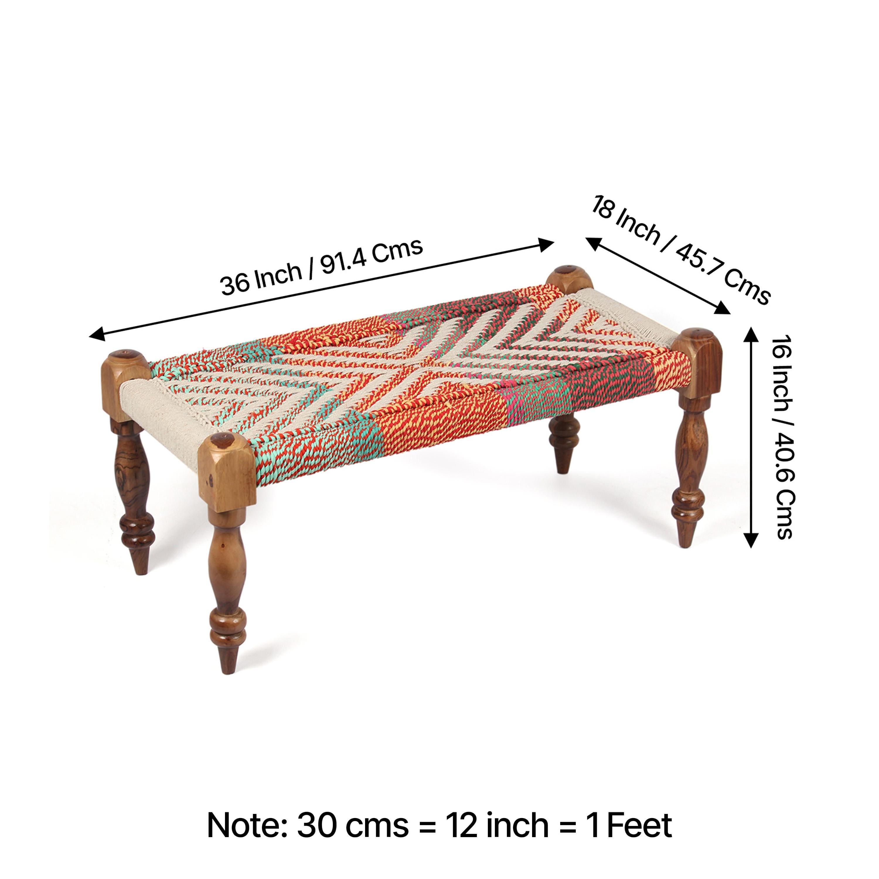 Oakville Sheesham Wood 2 Seater Maachi Bench In Assorted Multi-Colour Chindi & White Rope Canning