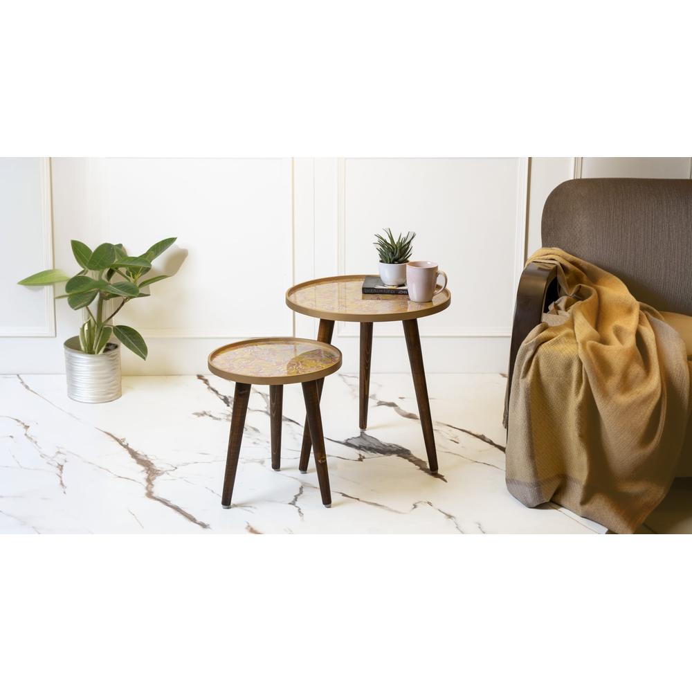 Peach and Gold Floral Round Nesting Tables with Wooden Legs, Side Tables, Wooden Tables, Living Room Decor by A Tiny Mistake