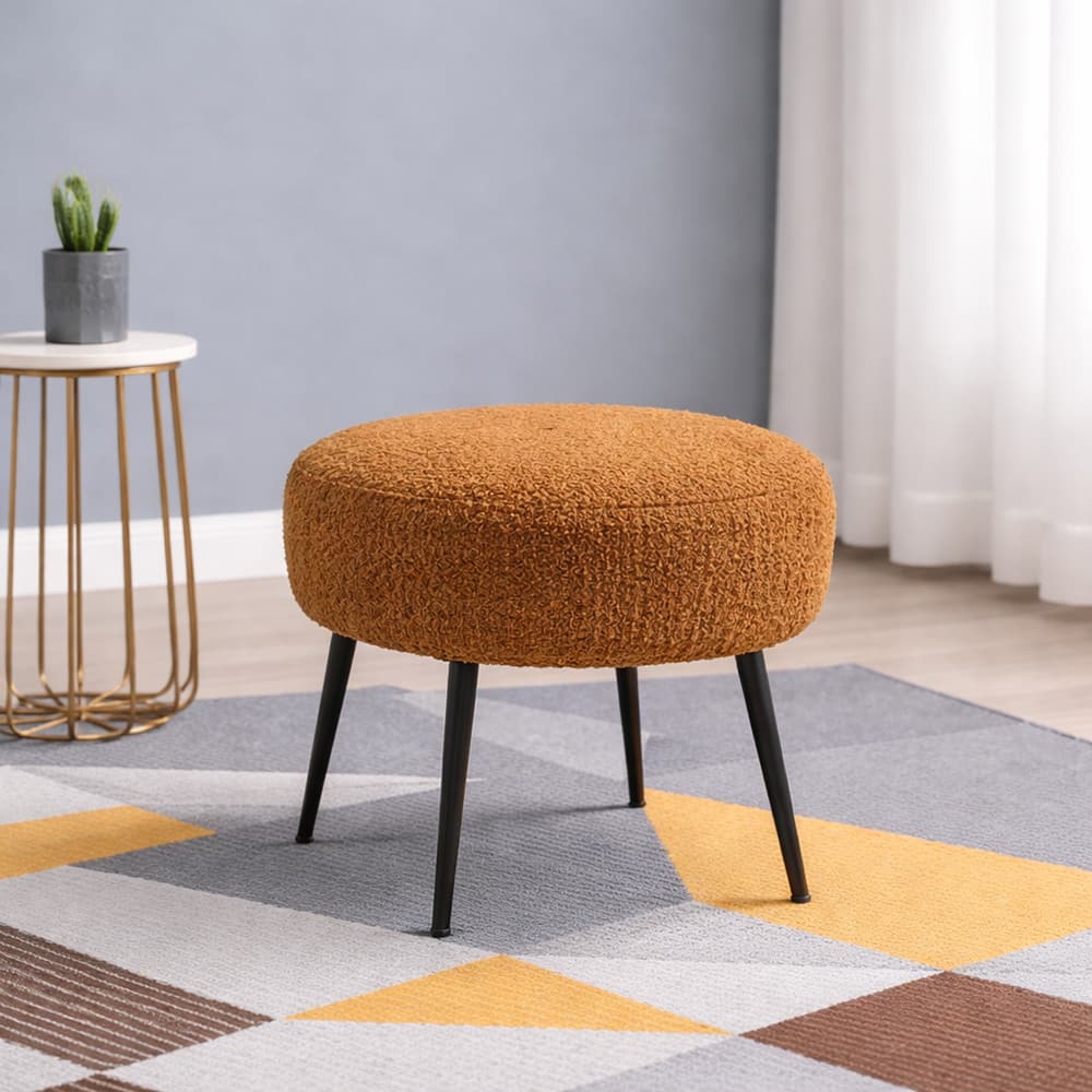 Doe Buck Luna Boucle Round Ottoman Stool in Rust Colour with Black Metal Legs - Doe Buck