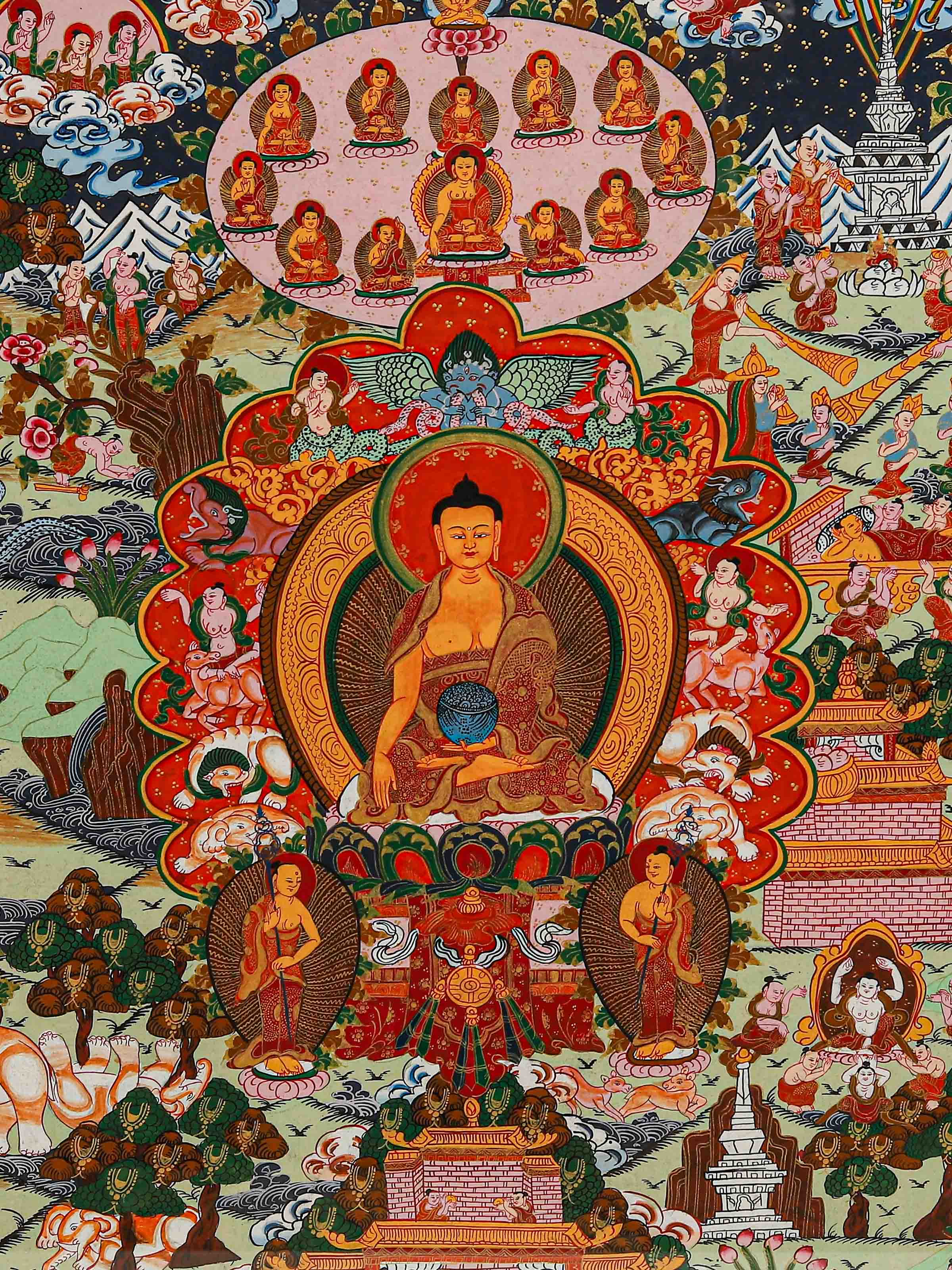 Front detail view of the Life of Buddha Thangka Painting