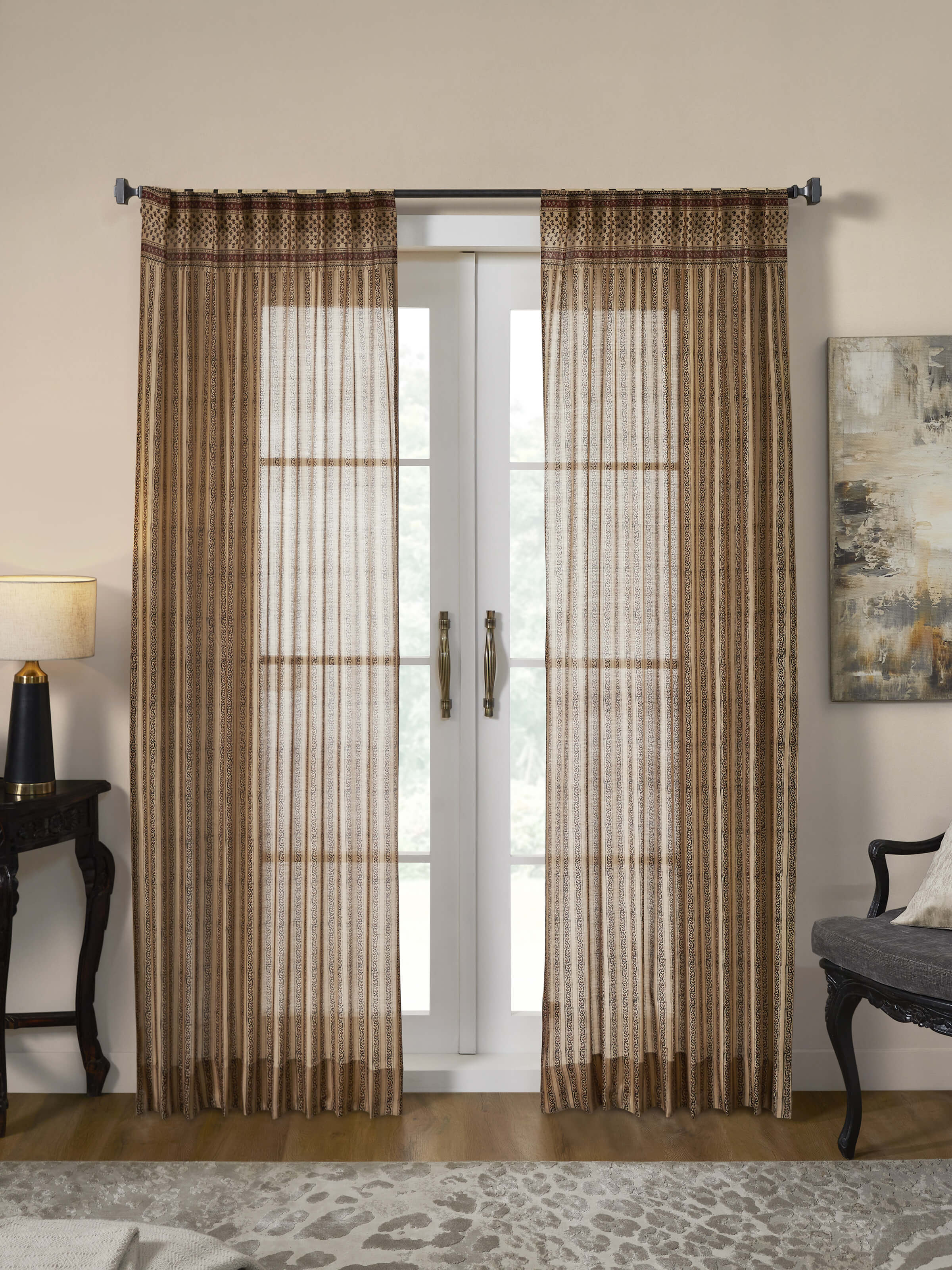 Vasudha Rust Stripe Cotton Silk Bagru Hand Block Print Sheer Curtain (7 Ft)