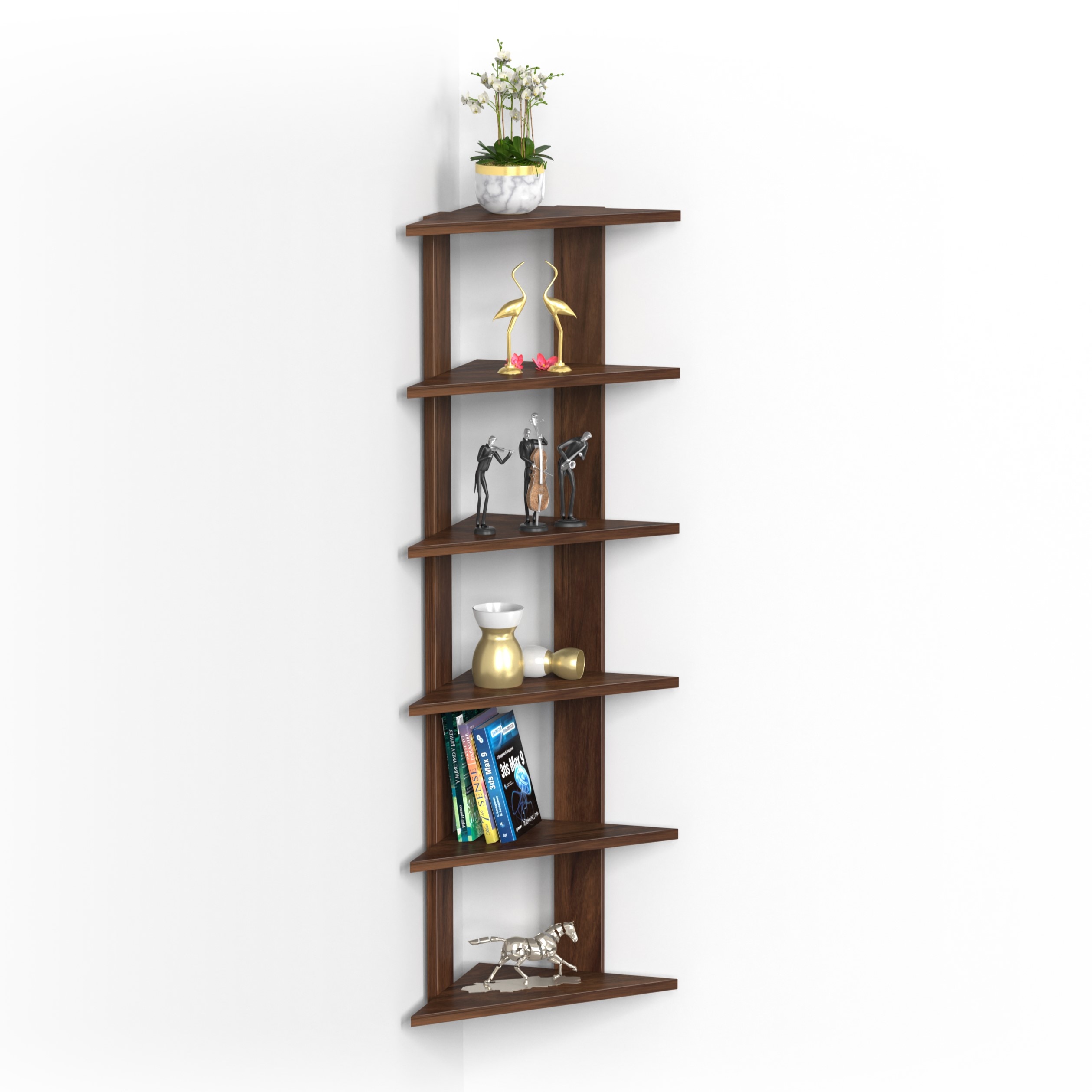 BLUEWUD Braine Engineered Wood Multipurpose Wall Decor Floating & Free Standing Shelf Display Rack Decorative Hall D�cor for Living Room Home Furniture (6 Triangle Shelves) (Brown Maple)