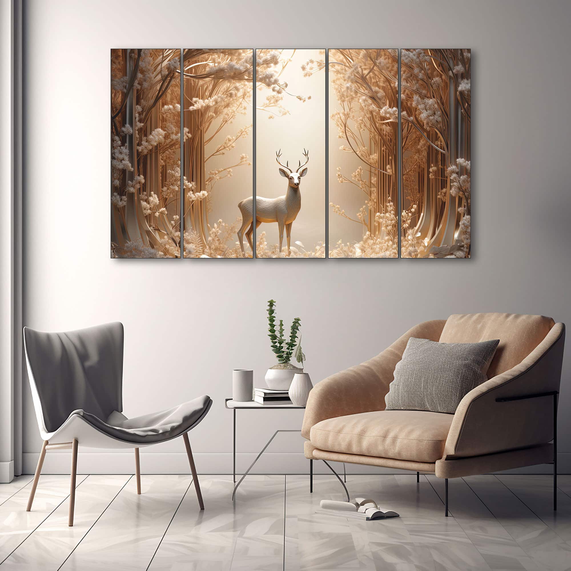 The Castle Decor Golden Deer Wall Painting Wooden Framed Digital Painting 27x48 Inch (Style 2) - The Castle Decor