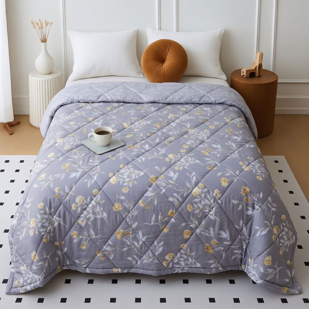 Grey Floral Comforter Quilted Reversible Cotton 350 Gsm Double Bed 240 X 220 Cms