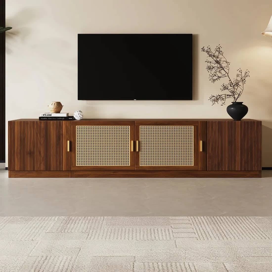 Nenki 4 Door Solid Wood Tv Cabinet  In Provincial Teak Finish - Demiwall