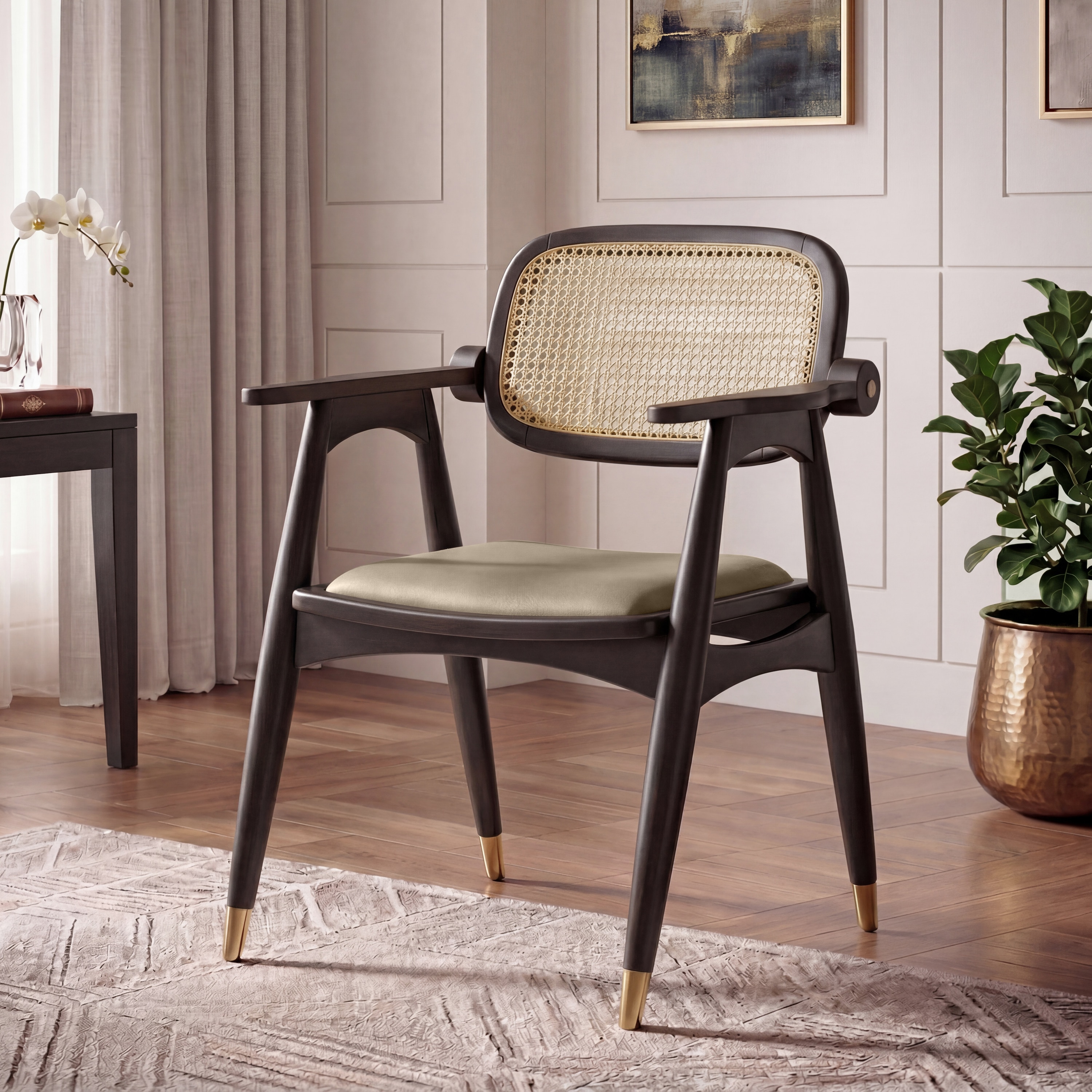 Aubrey Solid Wood Accent Armchair In American Walnut Finish with Taupe Leatherette Colour