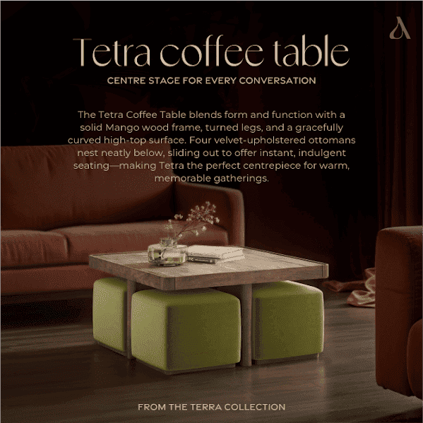 Tetra Square Solid Wood Coffee Table With Seats In Danish Walnut Finish In Olive Colour Fabric