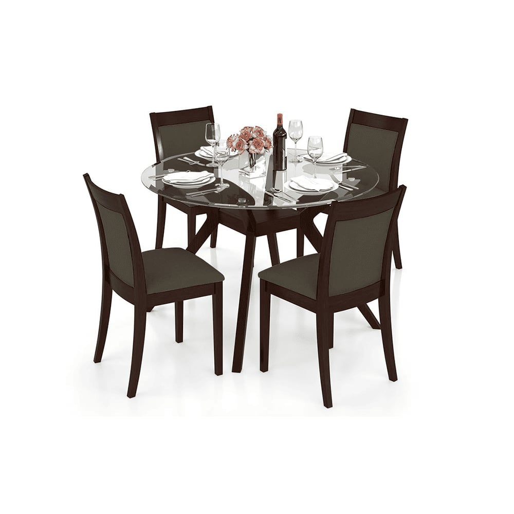 Wesley - Dalla 4 Seater Round Glass Top Dining Table Set (Colour- Grey , Finish- Dark Walnut)