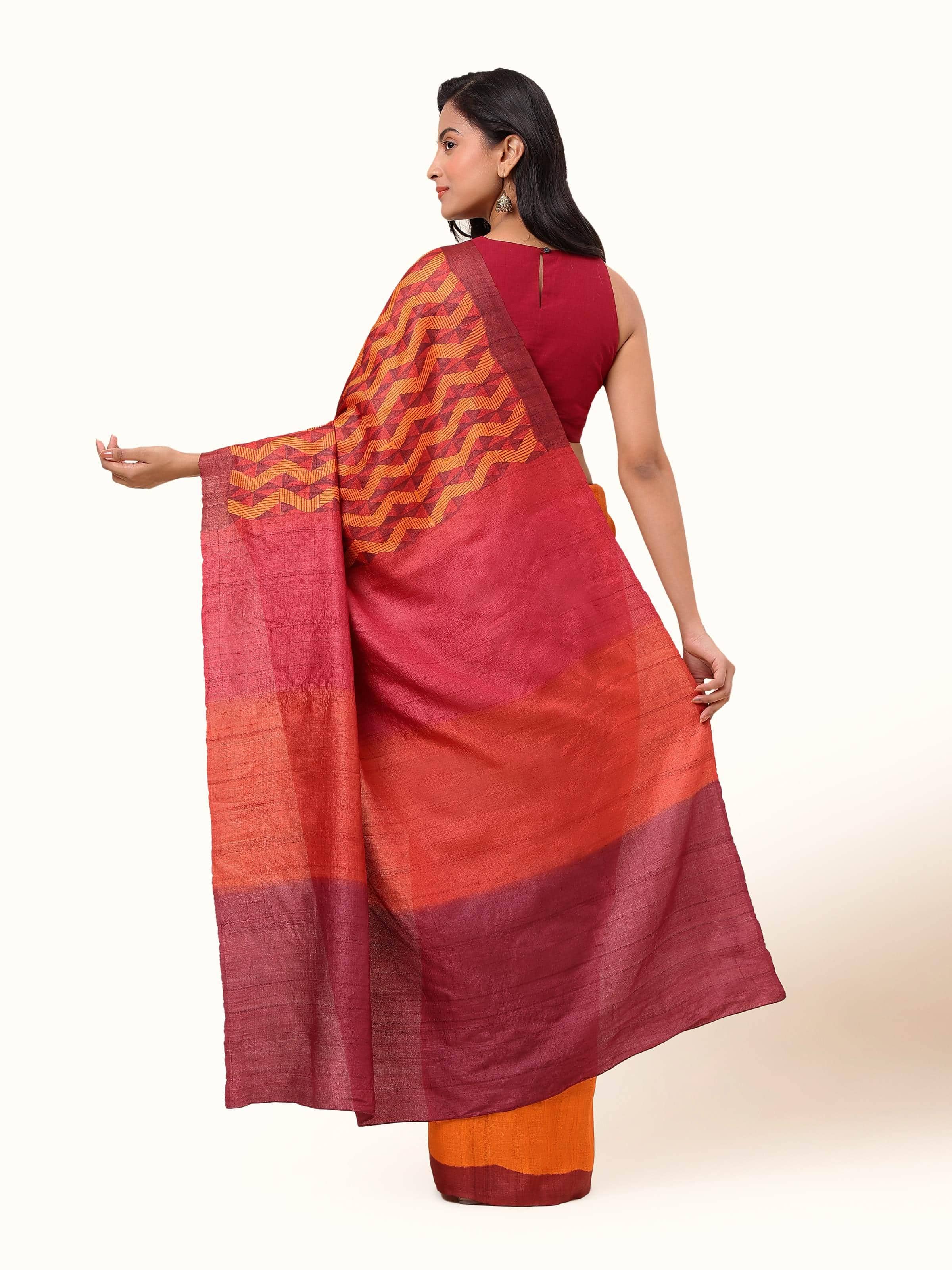 Rust Tussar Silk Discharge Block Printed Saree