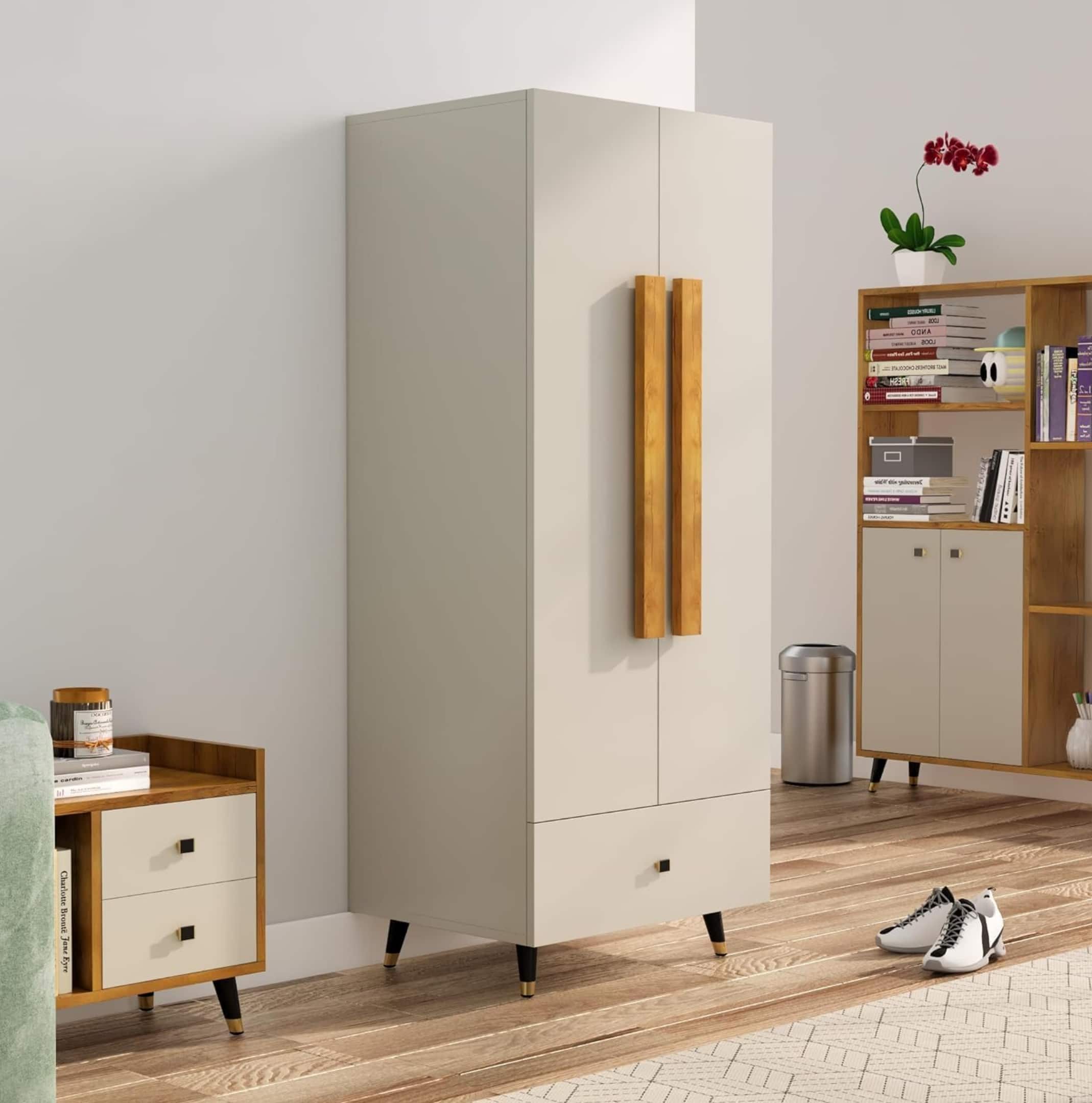 Hexa Red Wooden 2 Door Wardrobe with Drawer and Hanging Space in Frosty White Colour - HexaRed