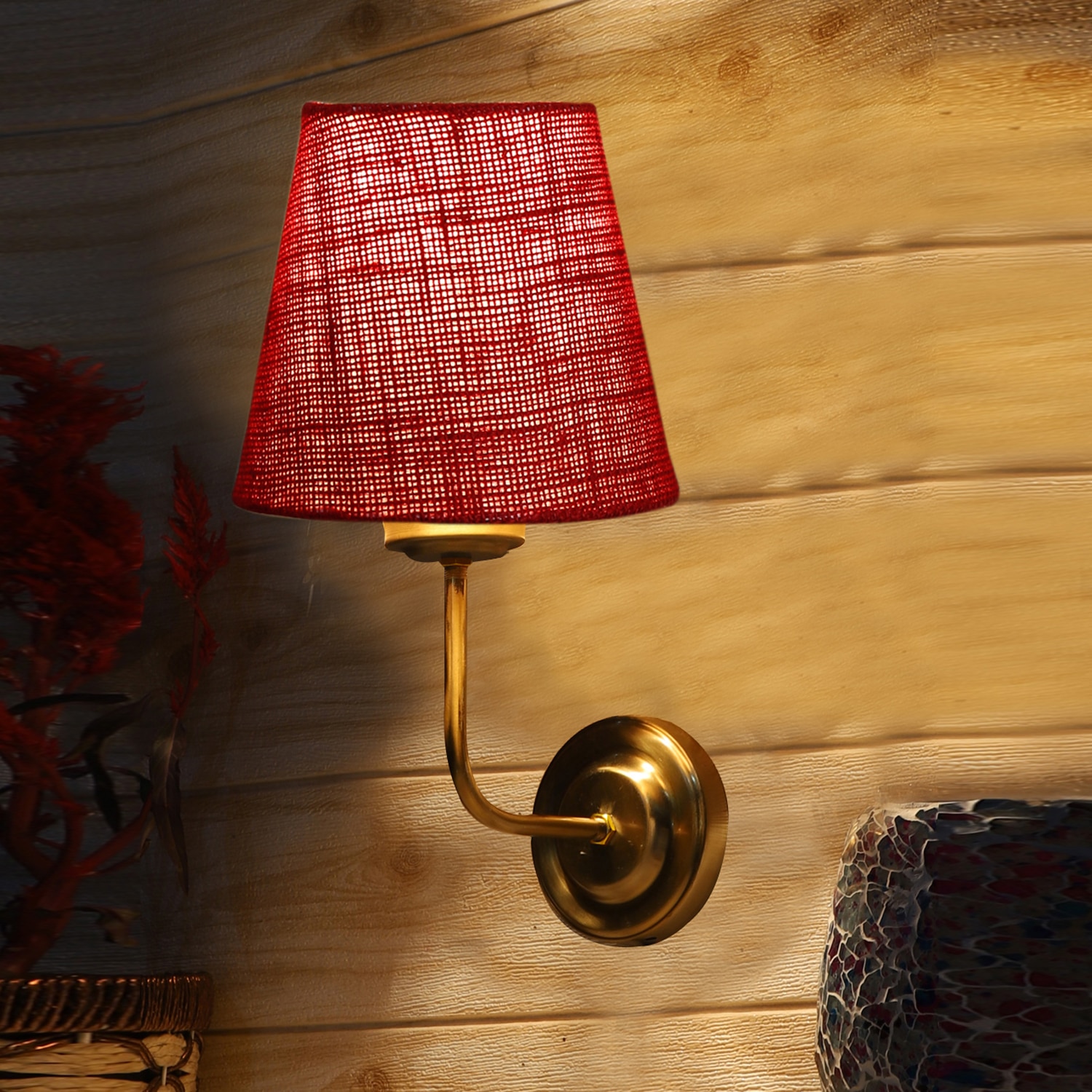 Devansh Metal Electric Wall Light in Gold Colour with Maroon Shade Count of 1 Light - Devansh